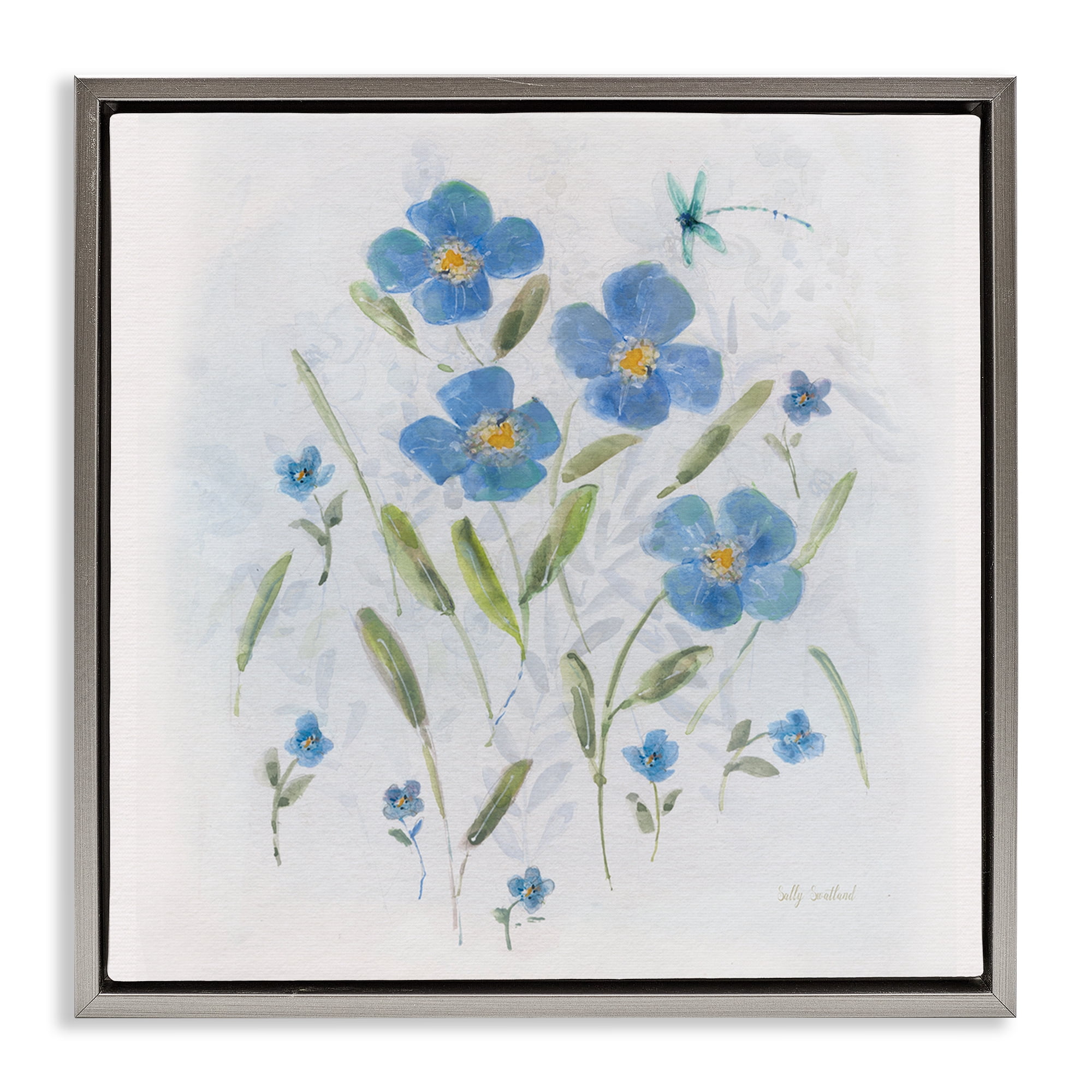Stupell Industries Dragonfly & Blue Florals Plants & Flowers Painting Gray Floater Framed Canvas Art Print Wall Art, 25 x 25
