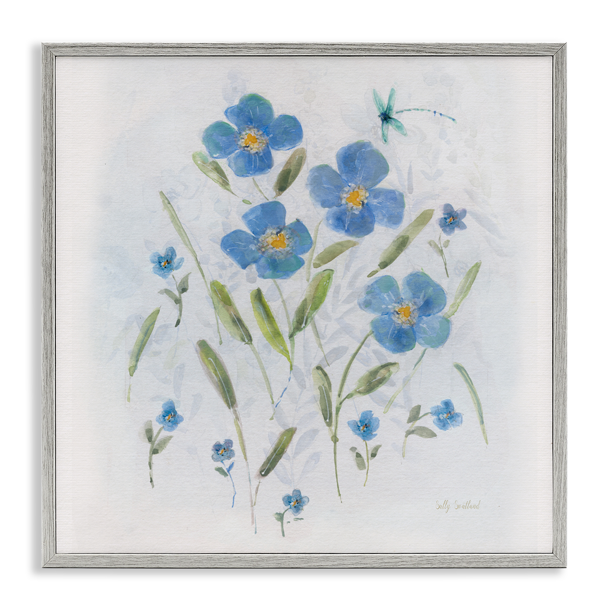 Stupell Industries Dragonfly & Blue Florals Plants & Flowers Painting Gray Framed Art Print Wall Art, 12 x 12