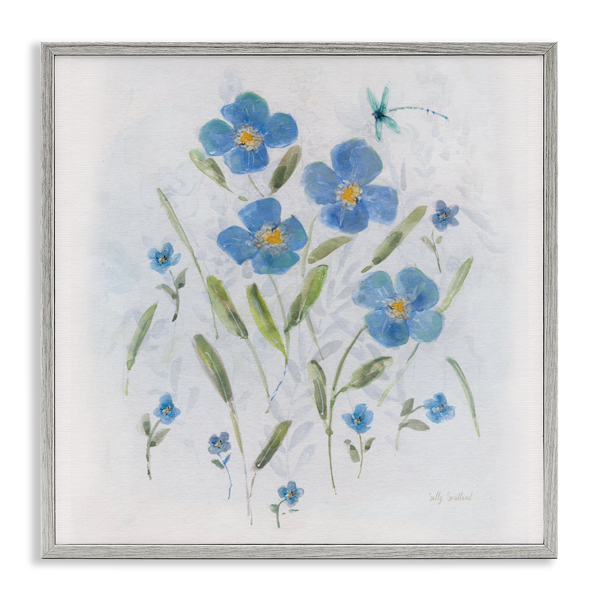 Stupell Industries Dragonfly & Blue Florals Plants & Flowers Painting Gray Framed Art Print Wall Art, 17 x 17
