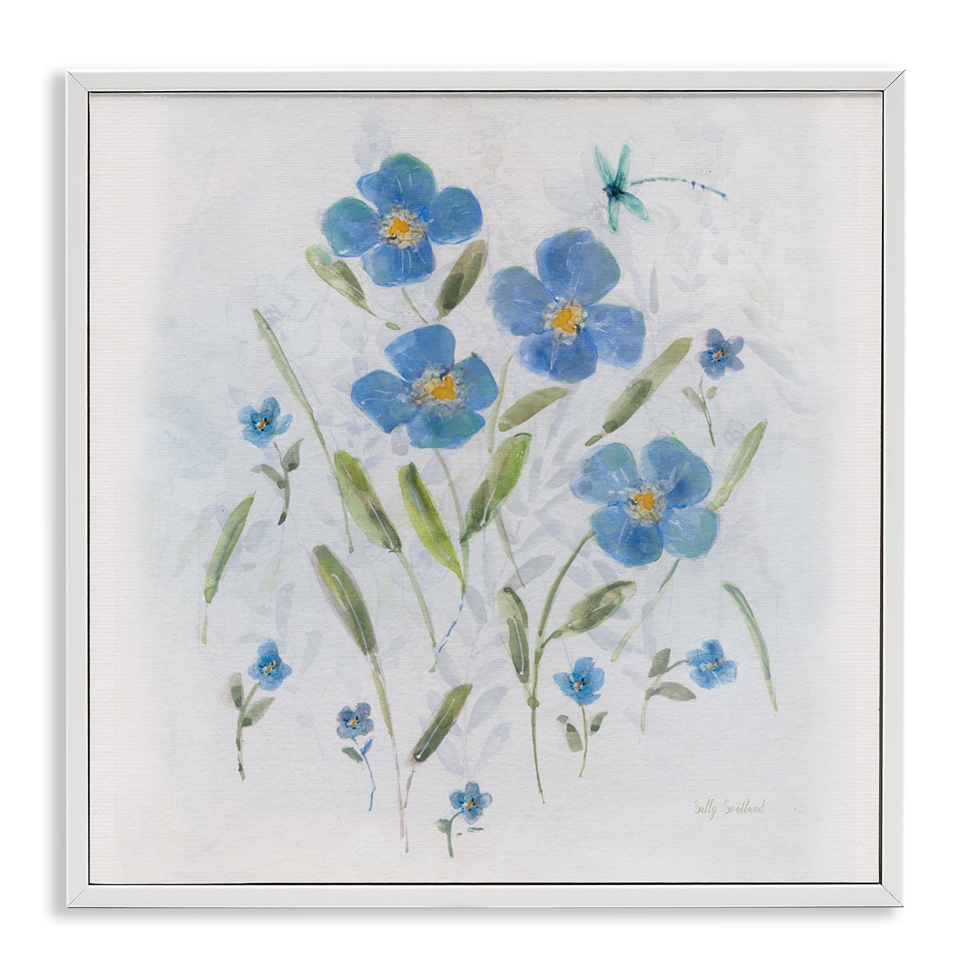 Stupell Industries Dragonfly & Blue Florals Plants & Flowers Painting White Framed Art Print Wall Art, 12 x 12