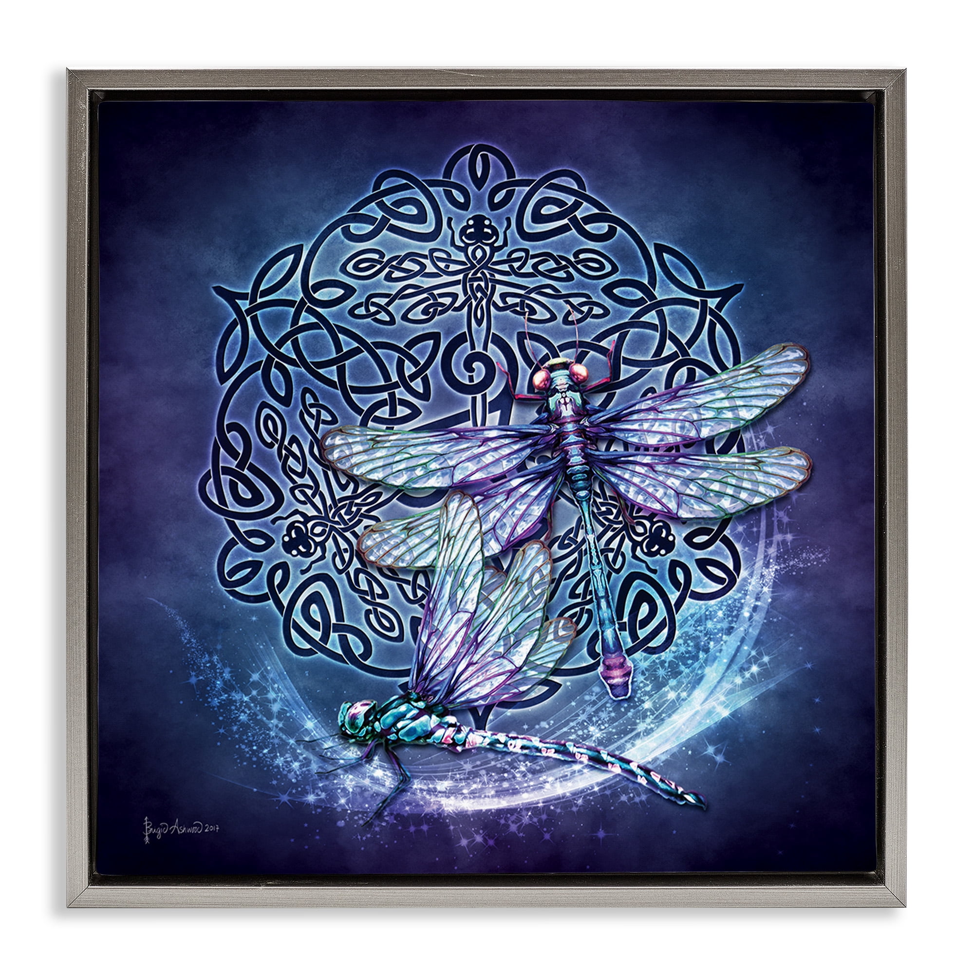 Stupell Industries Dragonfly & Celtic Knot Animals & Insects Painting Gray Floater Framed Canvas Art Print Wall Art, 18 x 18