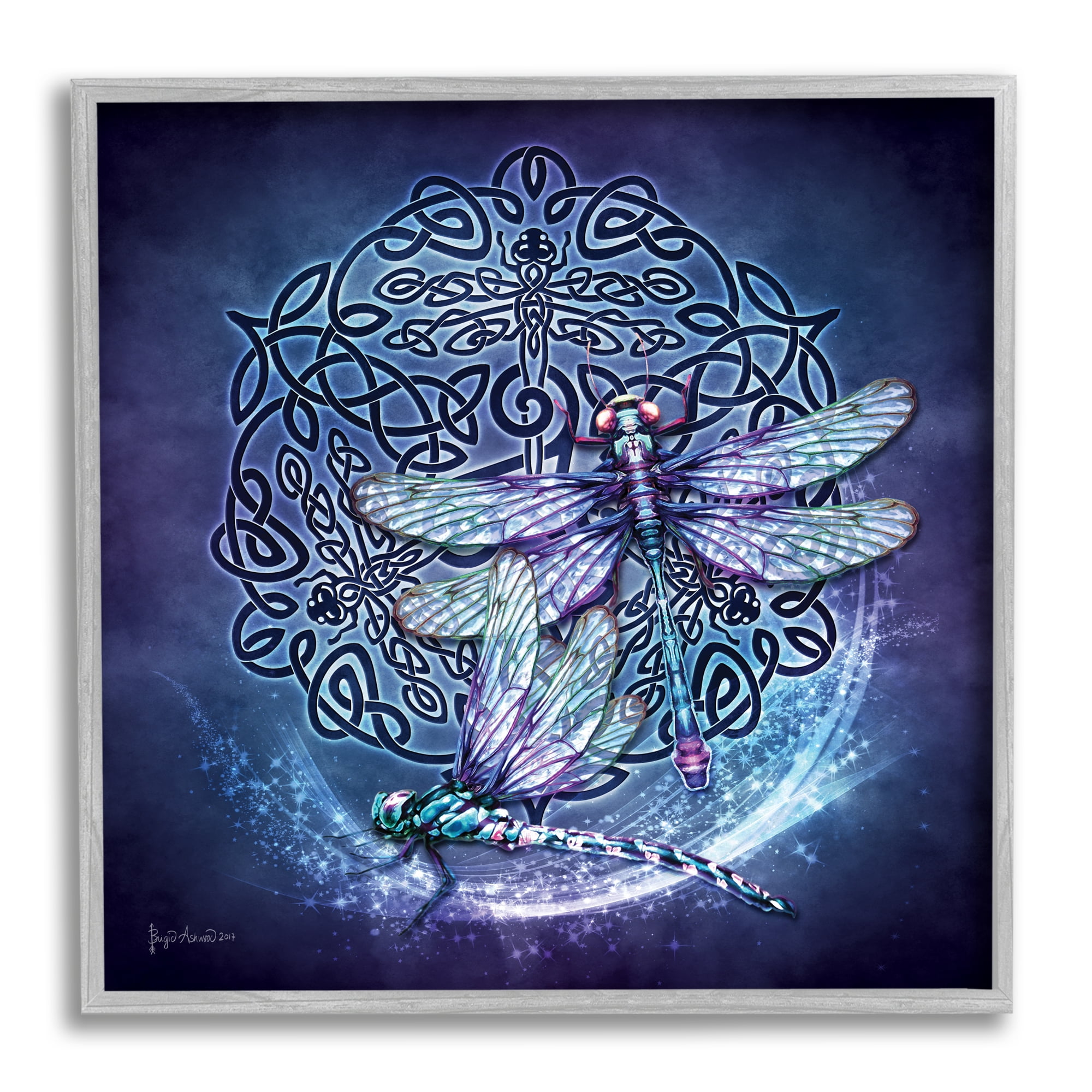 Stupell Industries Dragonfly & Celtic Knot Animals & Insects Painting Gray Framed Art Print Wall Art, 12 x 12