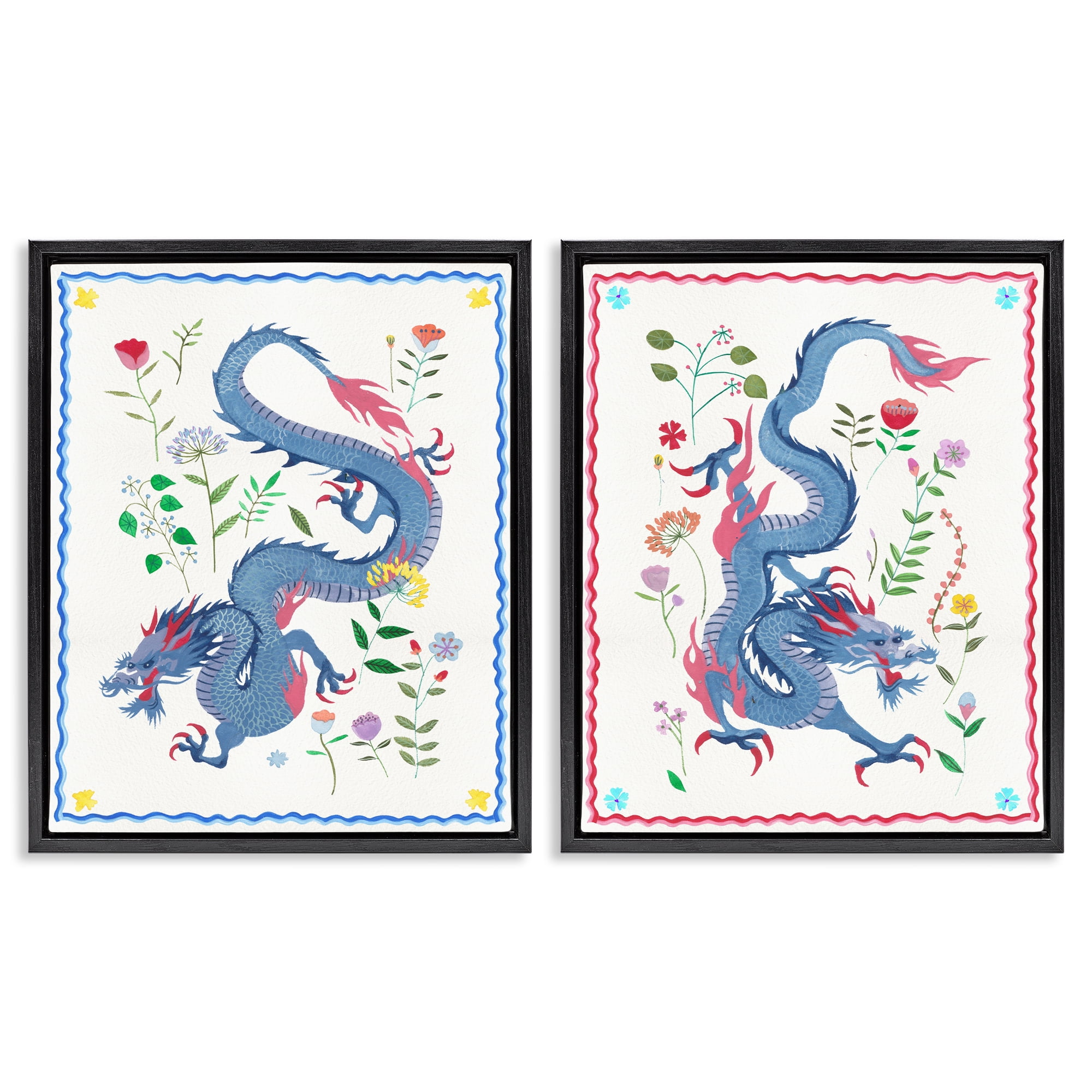 Stupell Industries Dragons with Flower Details Fantasy & Sci-Fi Painting Black Floater Framed Canvas Art Print Wall Art, 17 x 21, Set of 2