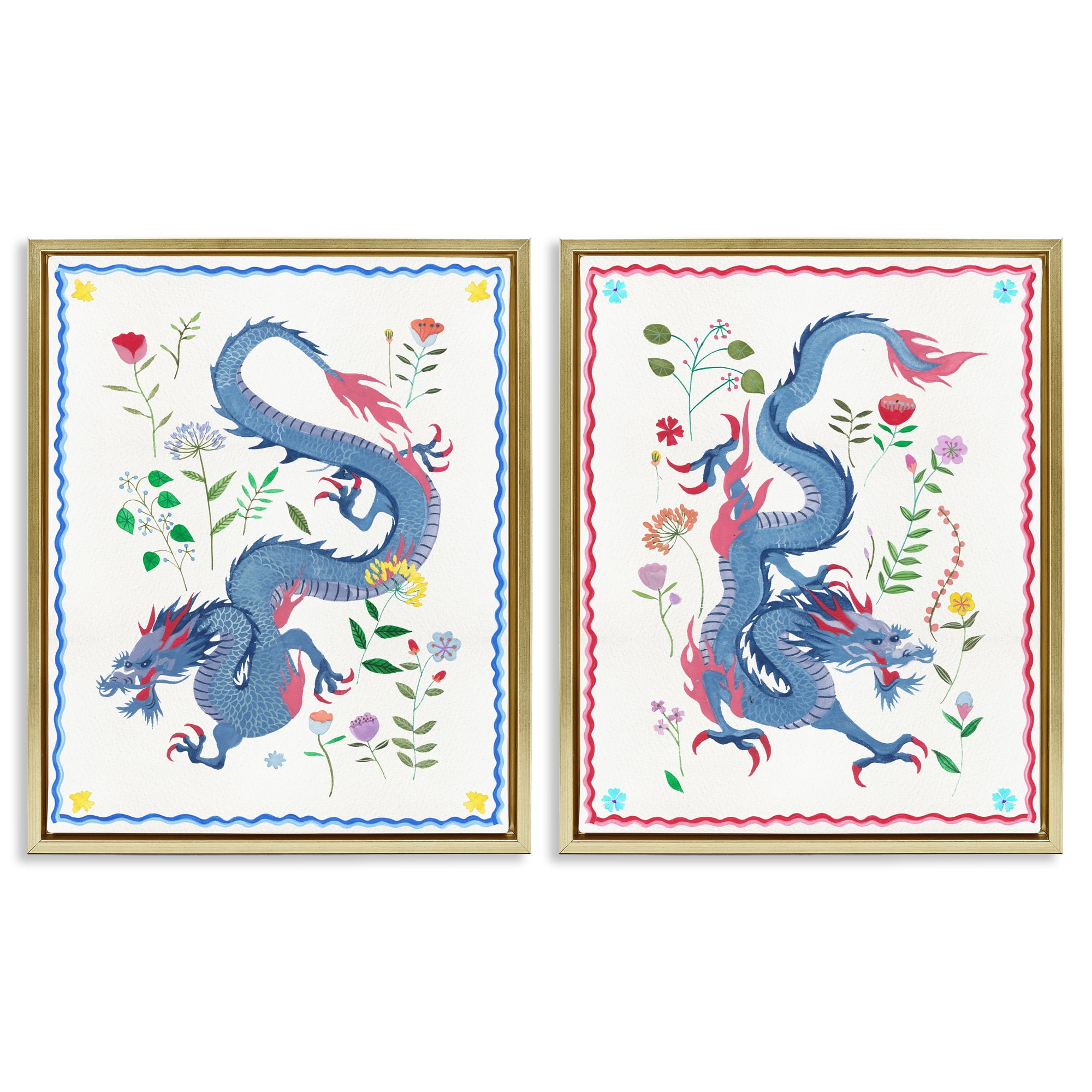 Stupell Industries Dragons with Flower Details Fantasy & Sci-Fi Painting Gold Floater Framed Canvas Art Print Wall Art, 17 x 21, Set of 2