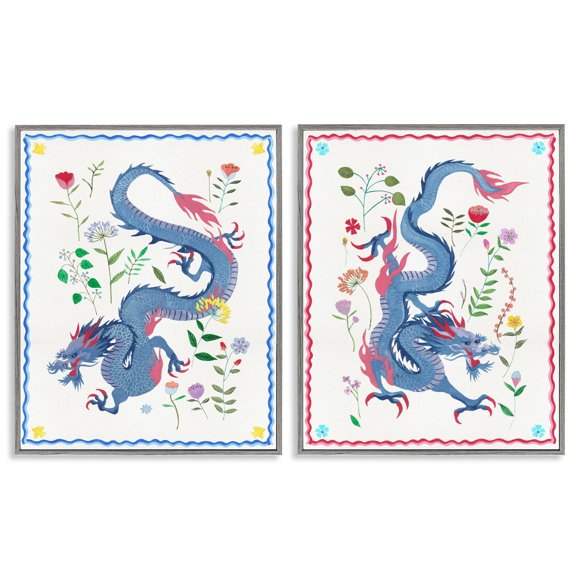 Stupell Industries Dragons with Flower Details Fantasy & Sci-Fi Painting Gray Framed Art Print Wall Art, 11 x 14, Set of 2