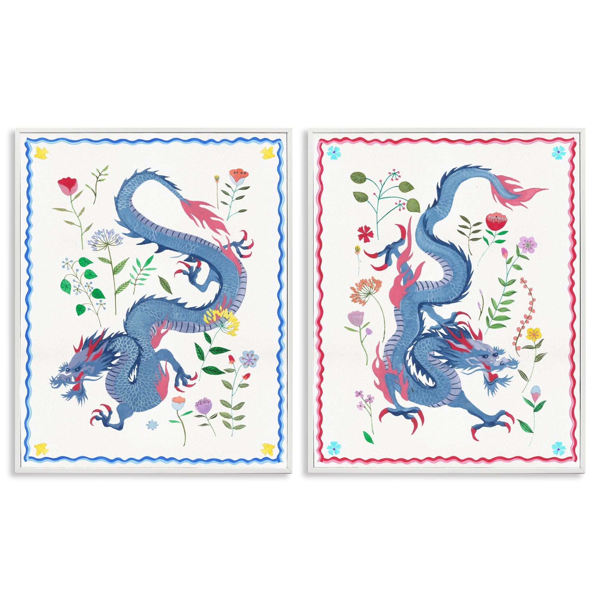 Stupell Industries Dragons with Flower Details Fantasy & Sci-Fi Painting White Framed Art Print Wall Art, 24 x 30, Set of 2