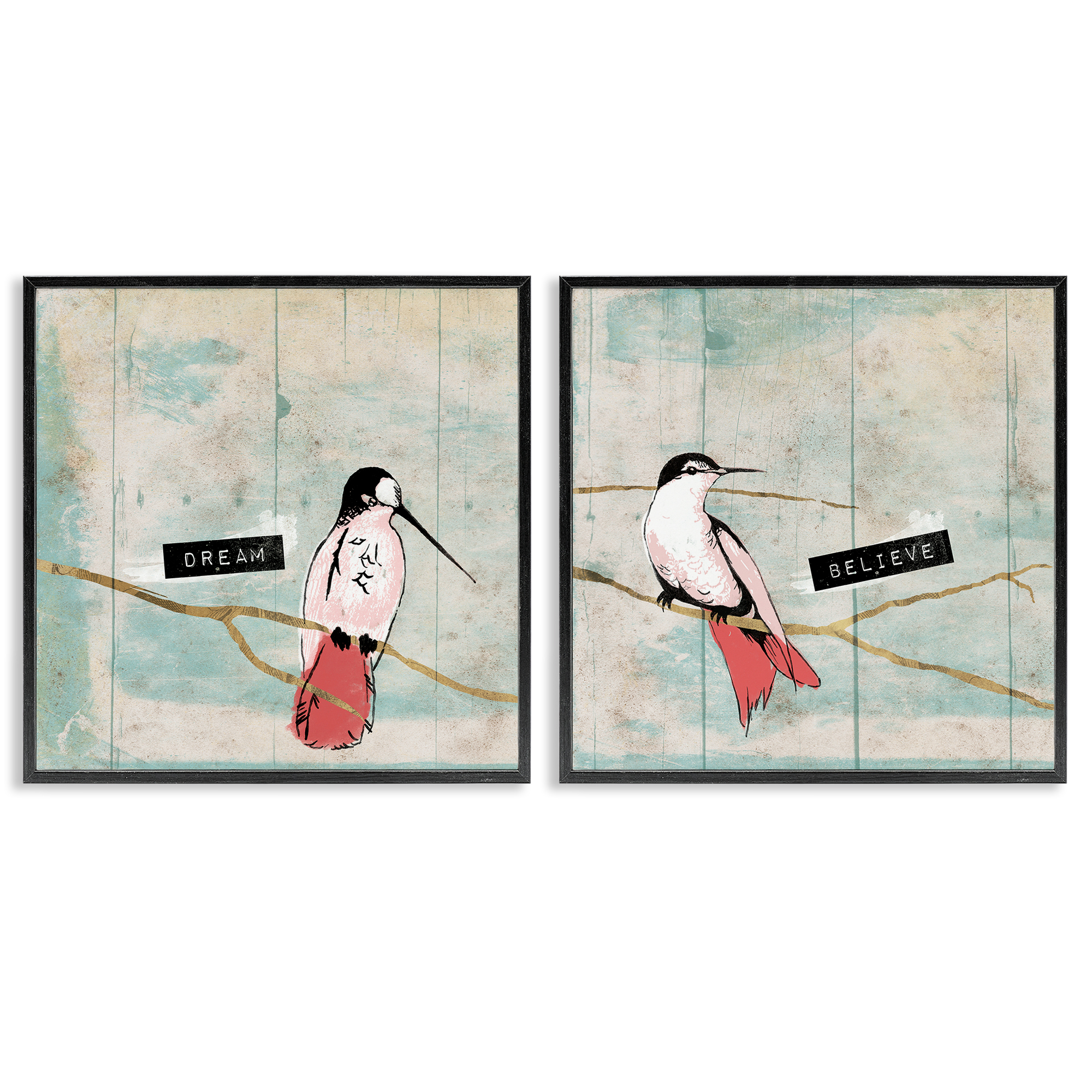 Stupell Industries Dream Believe Hummingbird Branch Animals Painting Black Framed Art Print Wall Art, 12 x 12, Set of 2