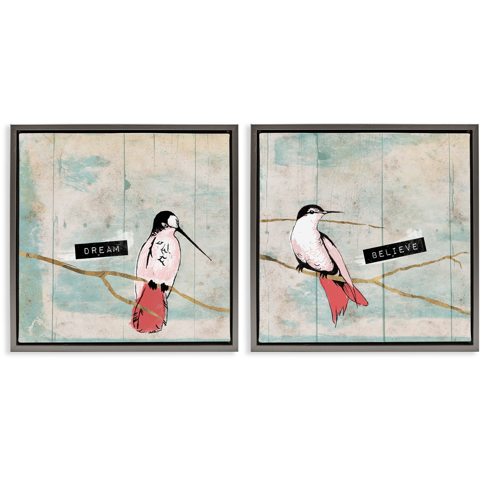 Stupell Industries Dream Believe Hummingbird Branch Animals Painting Gray Floater Framed Canvas Art Print Wall Art, 18 x 18, Set of 2