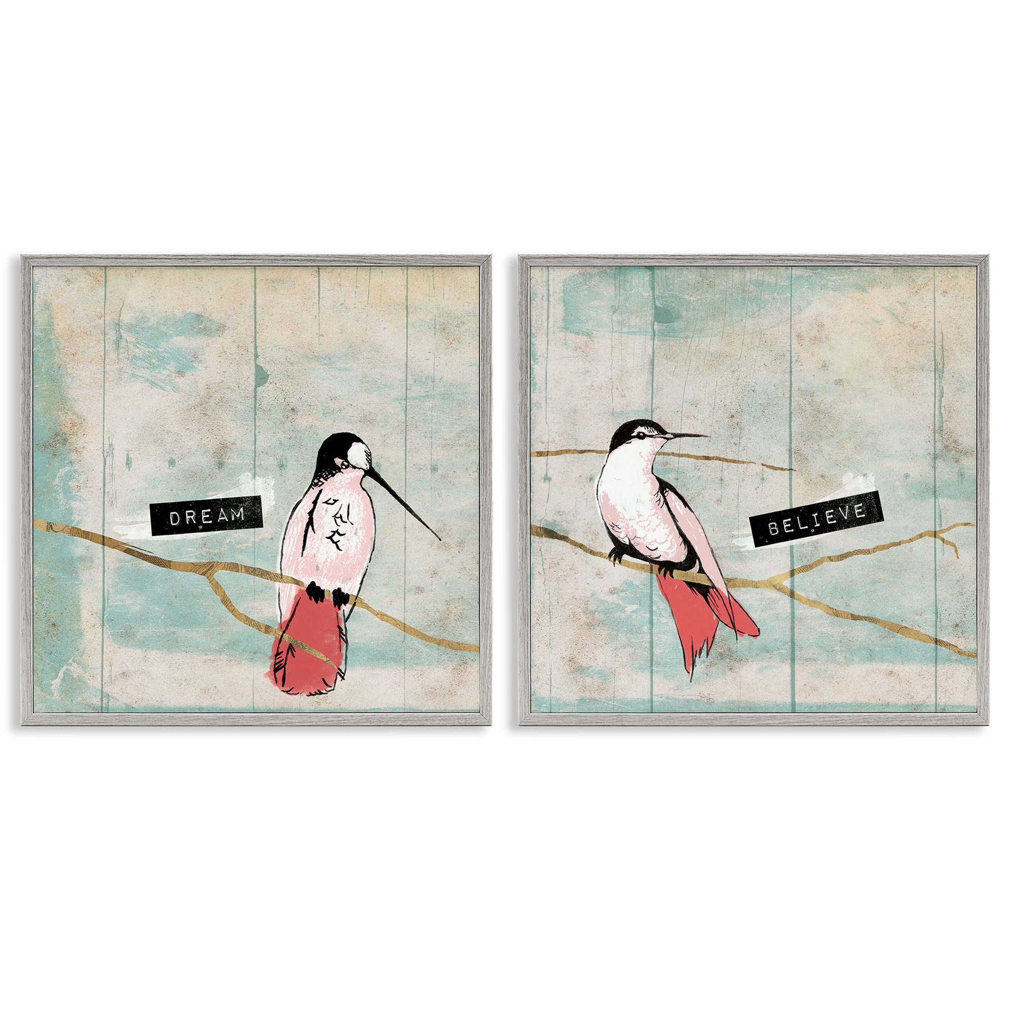 Stupell Industries Dream Believe Hummingbird Branch Animals Painting Gray Framed Art Print Wall Art, 12 x 12, Set of 2