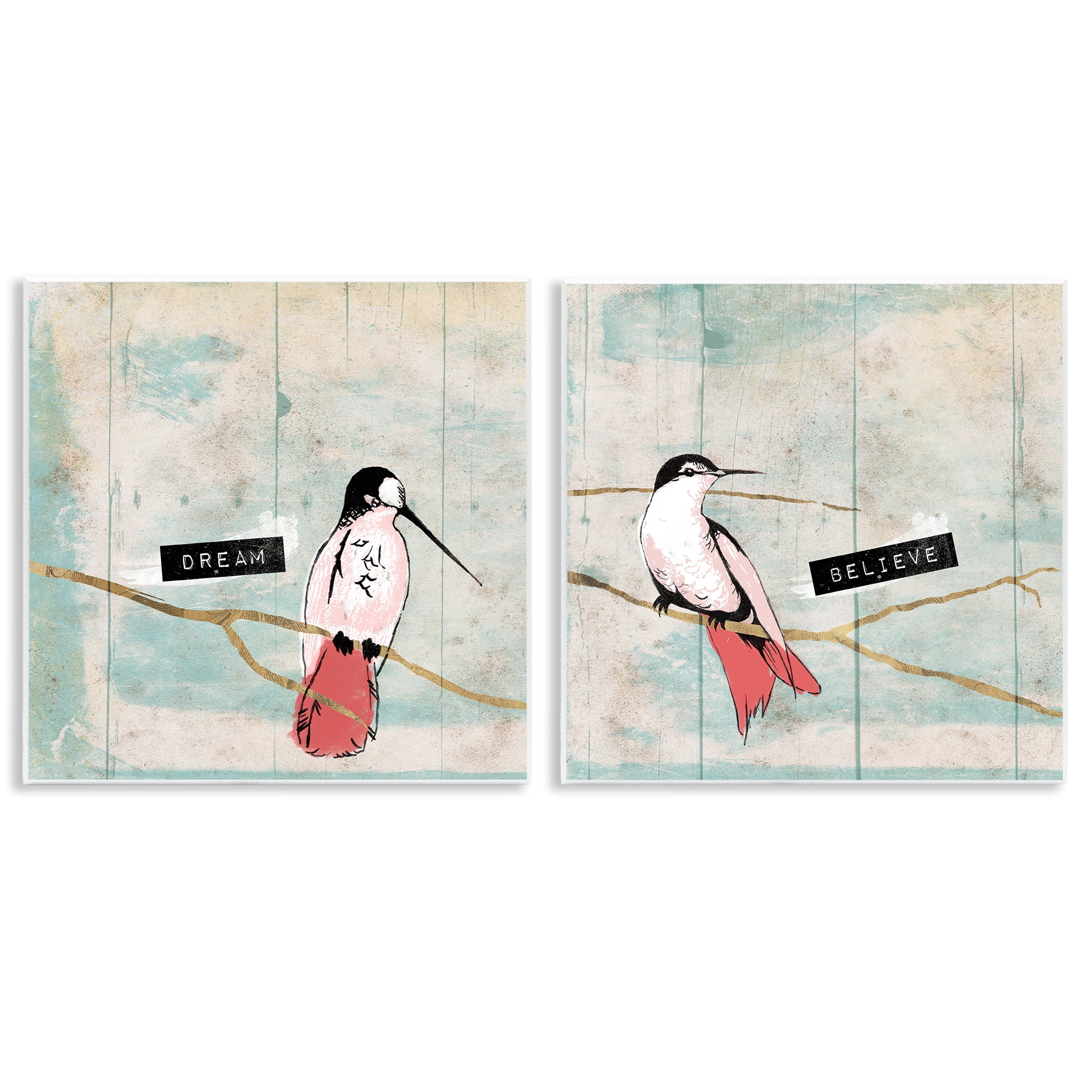 Stupell Industries Dream Believe Hummingbird Branch Animals Painting Unframed Art Print Wall Art, 12 x 12, Set of 2