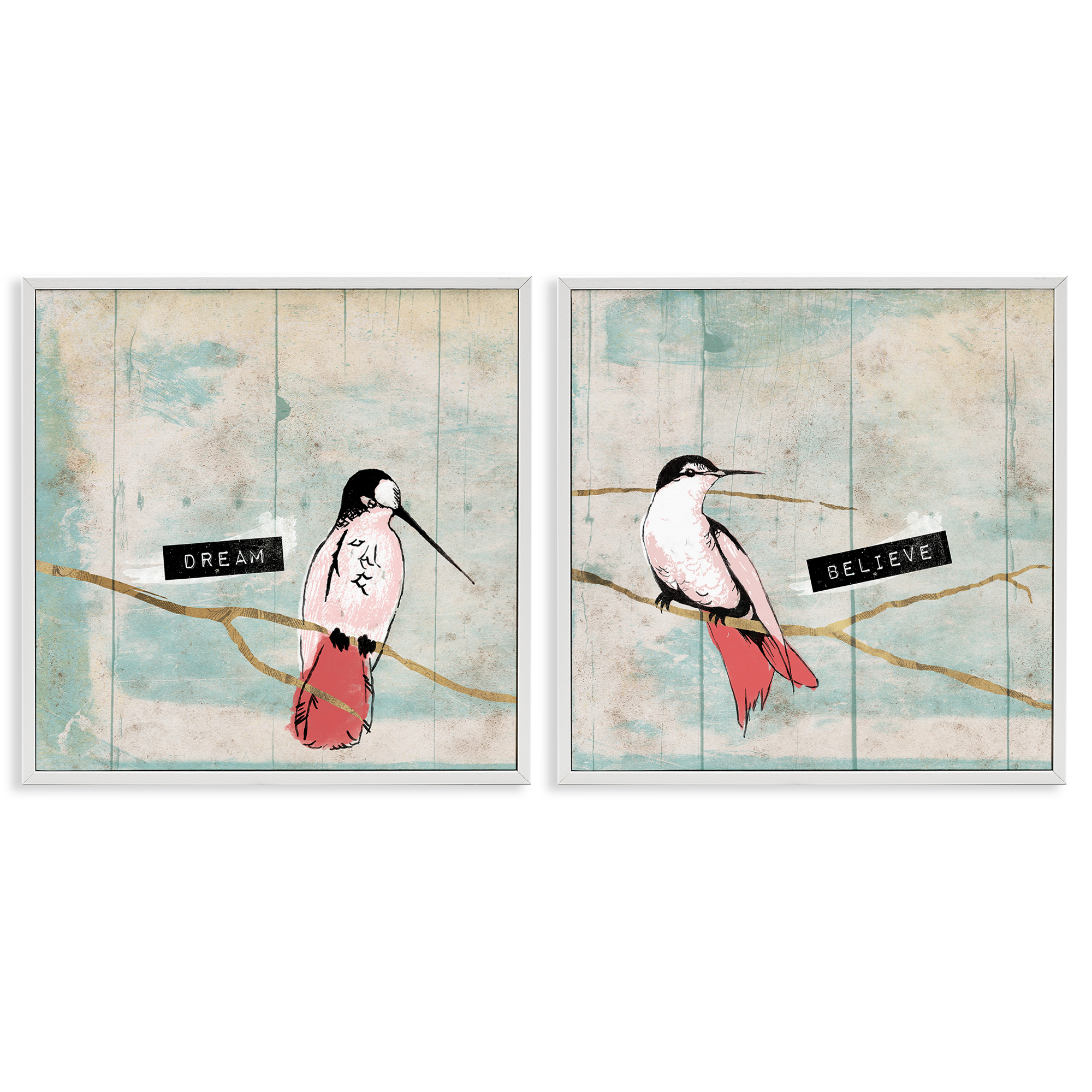 Stupell Industries Dream Believe Hummingbird Branch Animals Painting White Framed Art Print Wall Art, 17 x 17, Set of 2