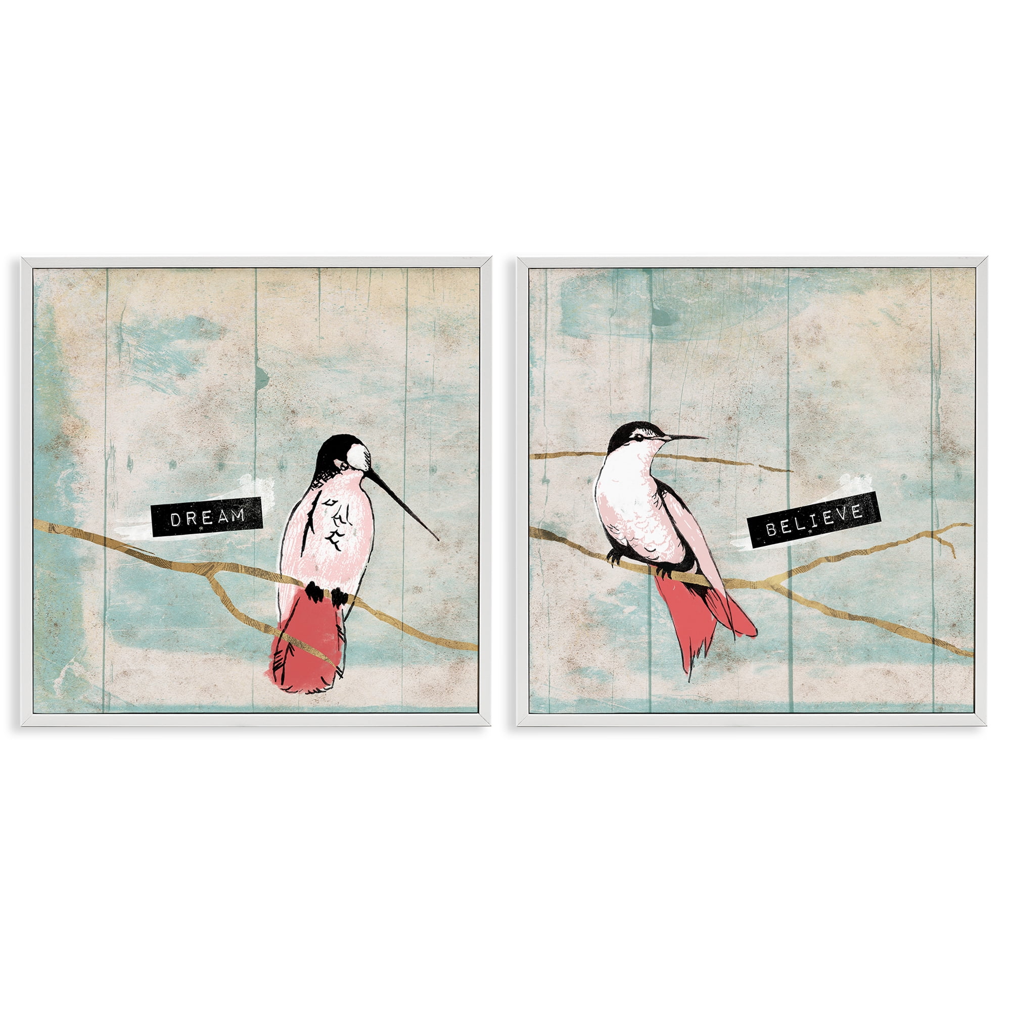 Stupell Industries Dream Believe Hummingbird Branch Animals Painting White Framed Art Print Wall Art, 24 x 24, Set of 2
