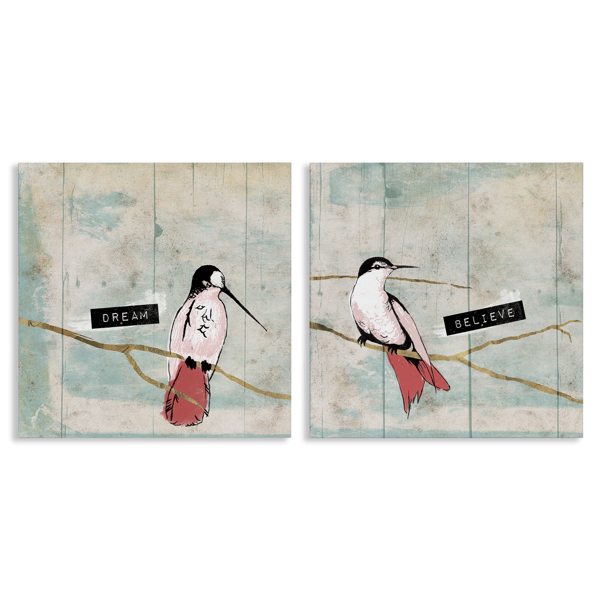 Stupell Industries Dream Believe Hummingbird Branch Animals Painting Wrapped Canvas Art Print Wall Art, 24 x 24, Set of 2