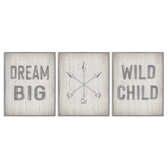 Stupell Industries Dream Big Boho Arrows Text & Numbers Painting Gray Framed Art Print Wall Art, 11 x 14, Set of 3
