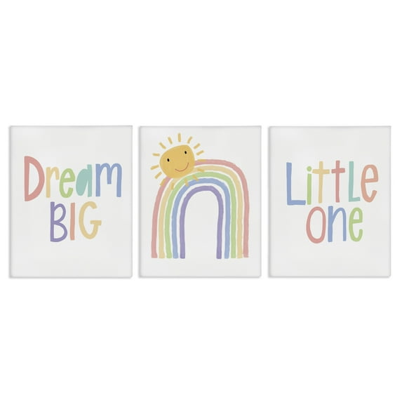Stupell Industries Dream Big Little One Happy Sun Rainbow Illustration Canvas Wall Art Design by Lisa Larson, 3 Piece, 16" x 20"