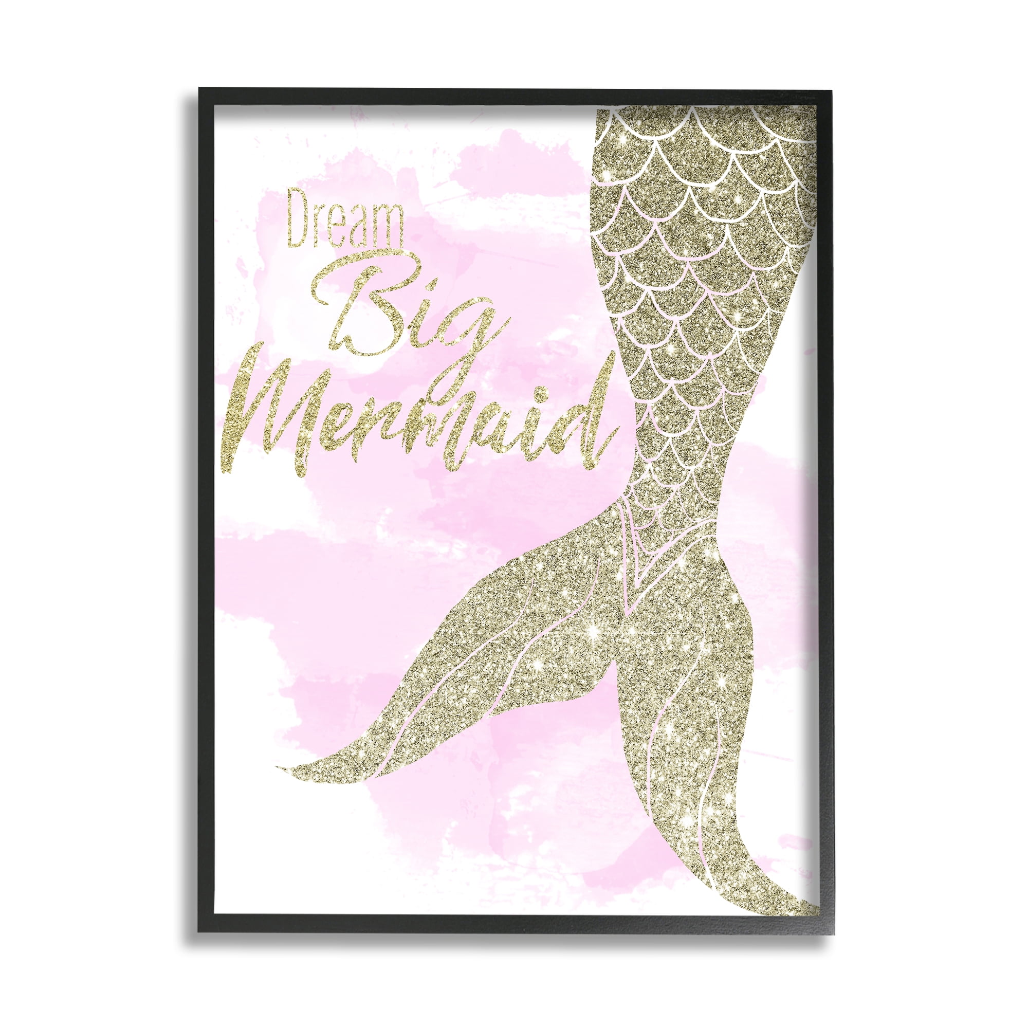 Stupell Industries Dream Big Mermaid Quote Sparkle Pattern Fish Tail Fairy Tales & Fantasy Painting Black Framed Art Print Wall Art, 16 x 20