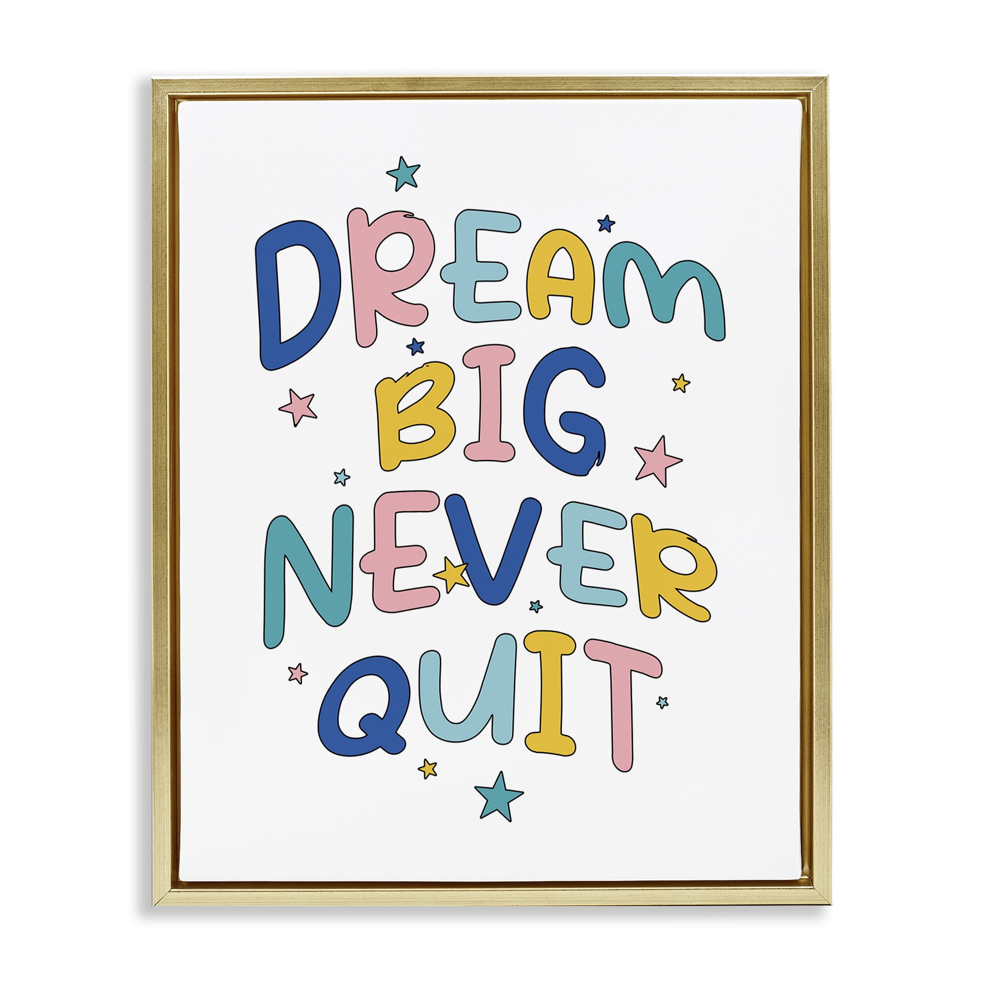 Stupell Industries Dream Big Never Quit Text & Numbers Painting Gold Floater Framed Canvas Art Print Wall Art, 17 x 21