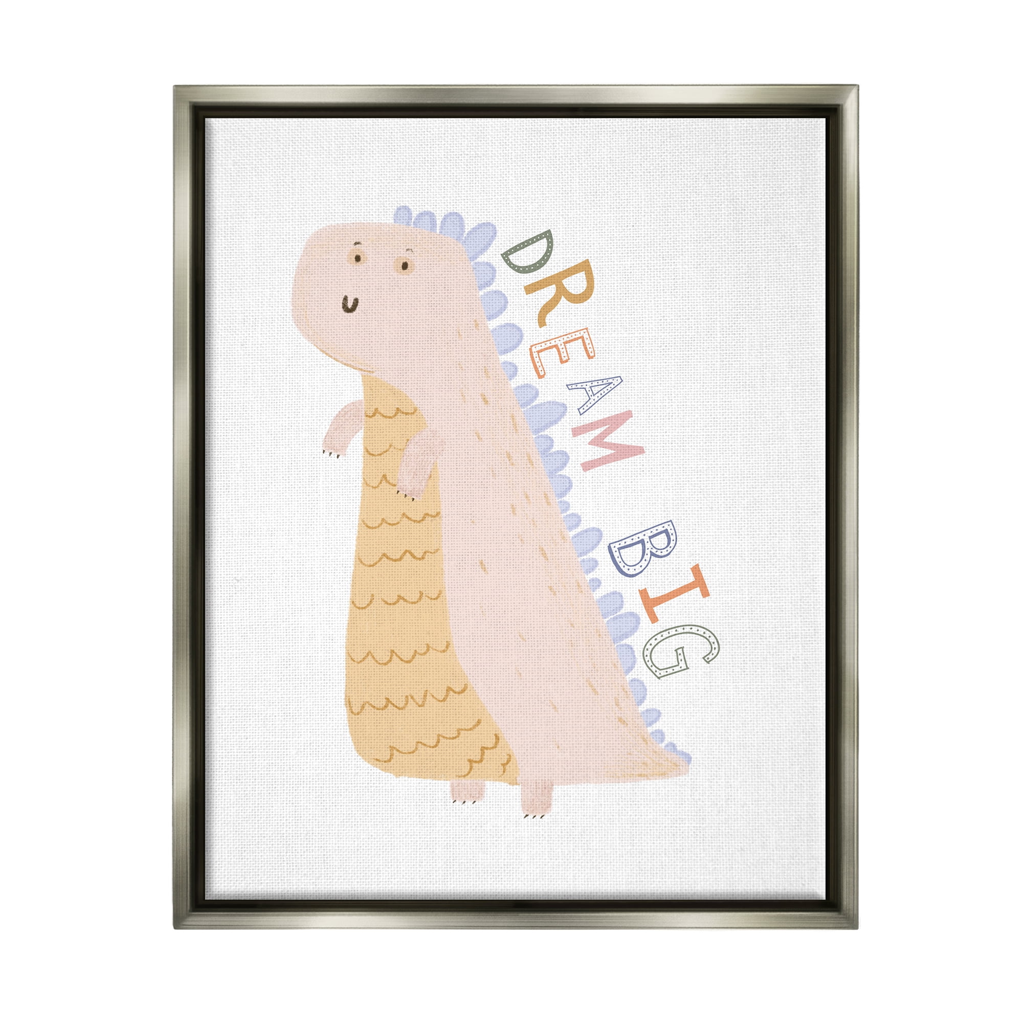 Stupell Industries Dream Big Pastel T-Rex Animals & Insects Painting Gray Floater Framed Canvas Art Print Wall Art, 17 x 21