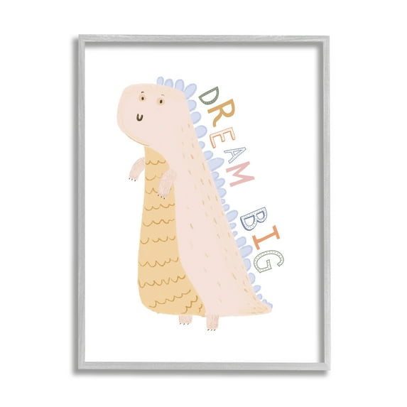 Stupell Industries Dream Big Pastel T-Rex Animals & Insects Painting Gray Framed Art Print Wall Art, 16 x 20
