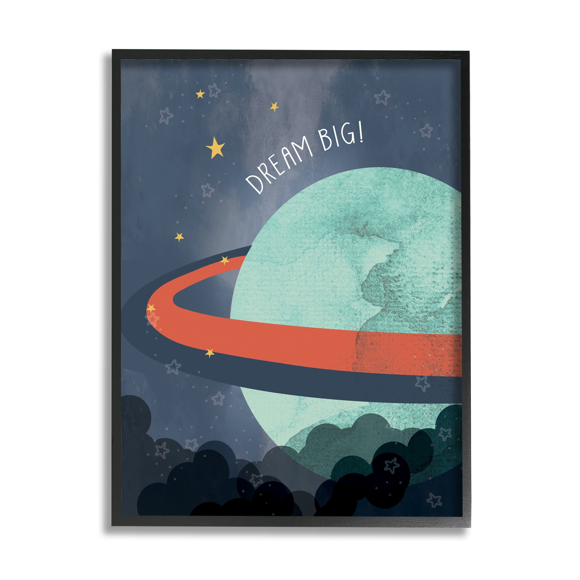 Stupell Industries Dream Big Retro Green Space Planet with Rings Outer Space Painting Black Framed Art Print Wall Art, 16 x 20