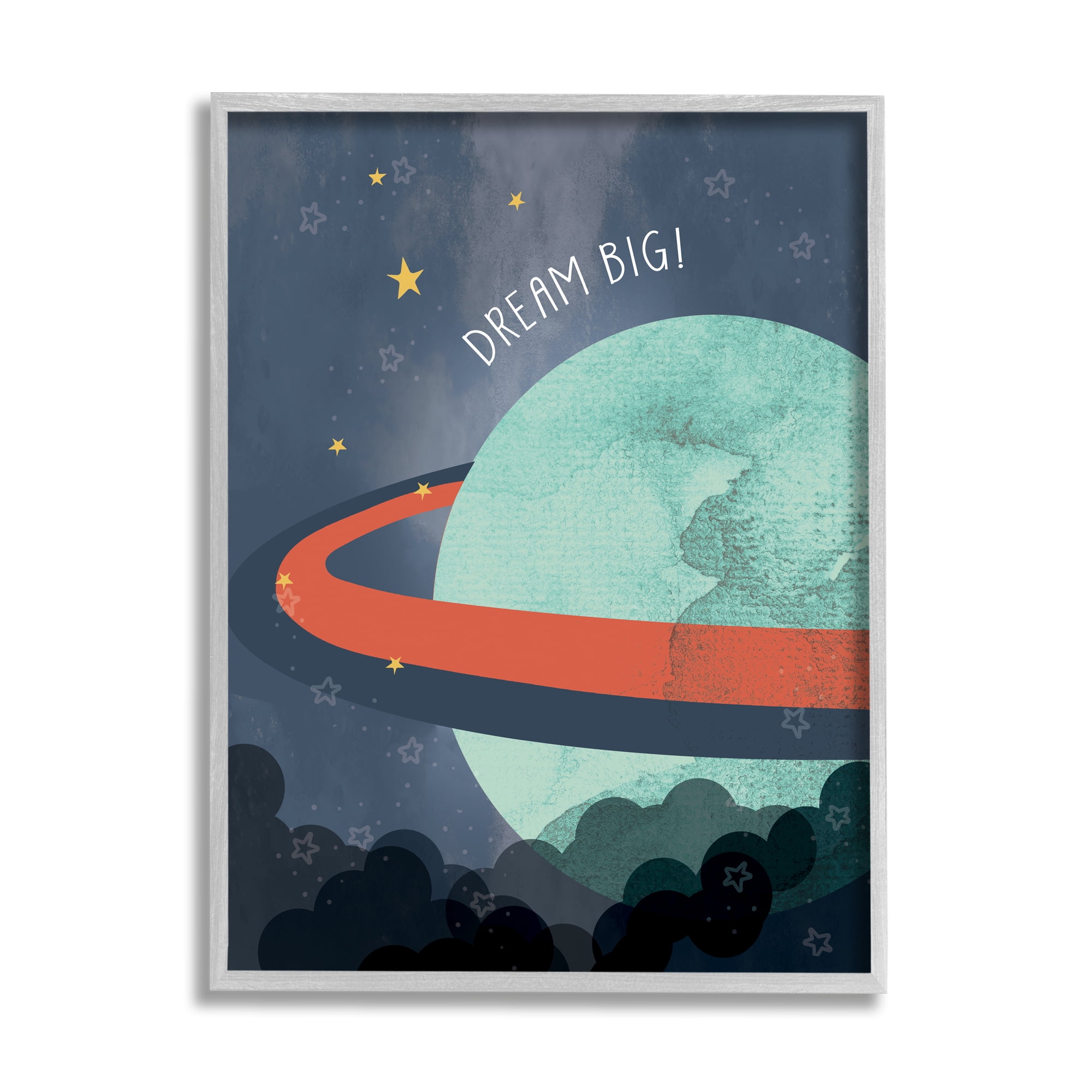 Stupell Industries Dream Big Retro Green Space Planet with Rings Outer Space Painting Gray Framed Art Print Wall Art, 24 x 30