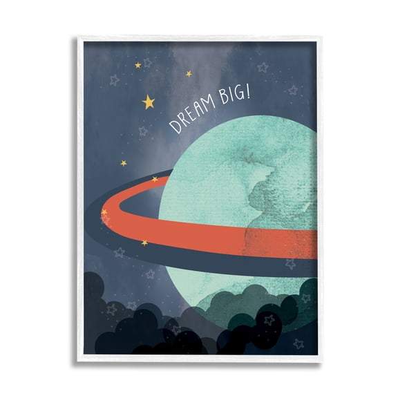 Stupell Industries Dream Big Retro Green Space Planet with Rings Outer Space Painting White Framed Art Print Wall Art, 11 x 14