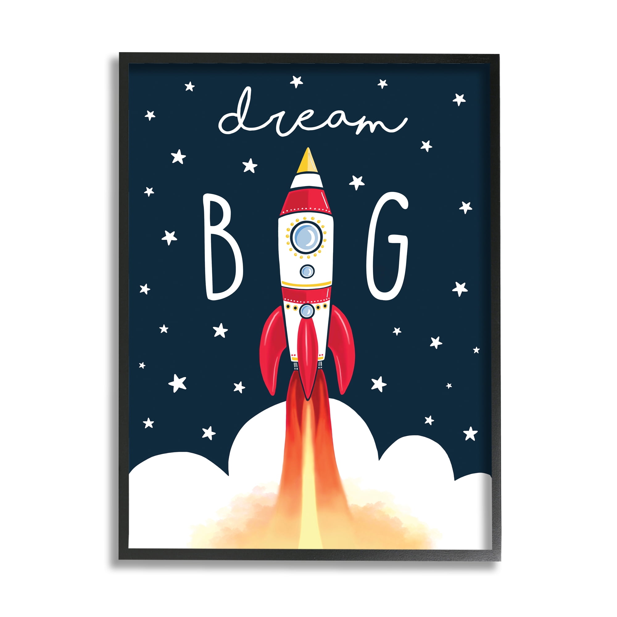 Dream Big Rocket Blast Off Starry Clouds Black Framed Print
