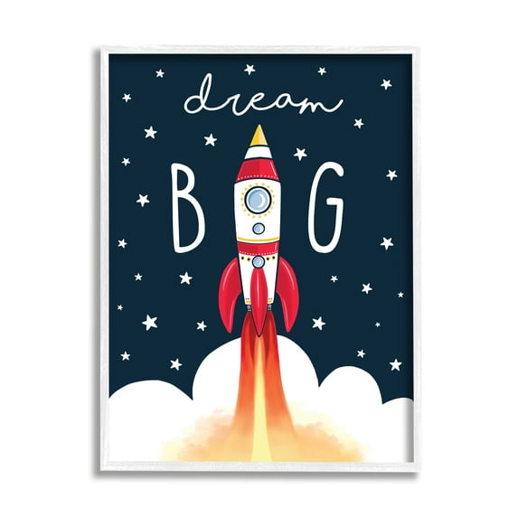 Stupell Industries Dream Big Sentiment Rocket Blast Off Starry Clouds Graphic Art White Framed Art Print Wall Art, 24x30, by Elizabeth Tyndall