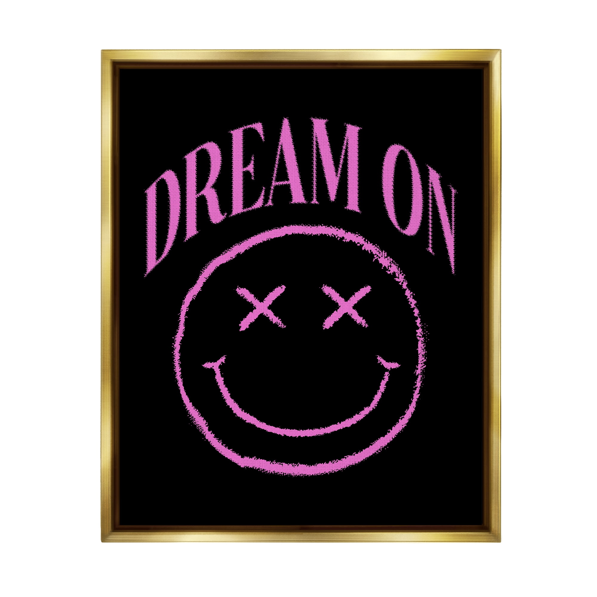 Stupell Industries Dream On Pink Smiley Abstract Painting Gold Floater Framed Canvas Art Print Wall Art, 17 x 21