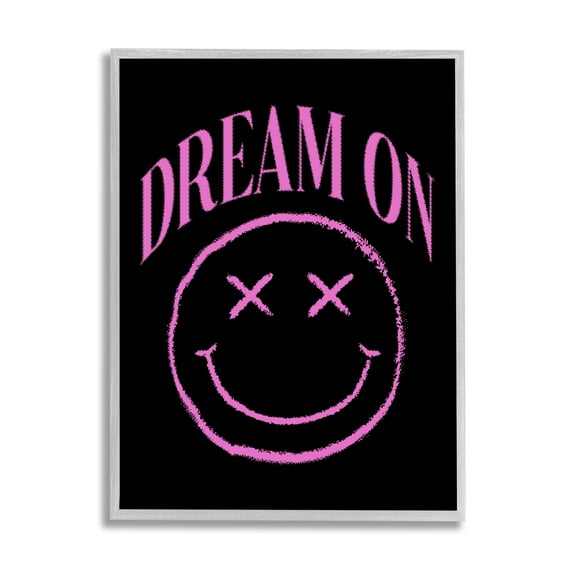 Stupell Industries Dream On Pink Smiley Abstract Painting Gray Framed Art Print Wall Art, 16 x 20