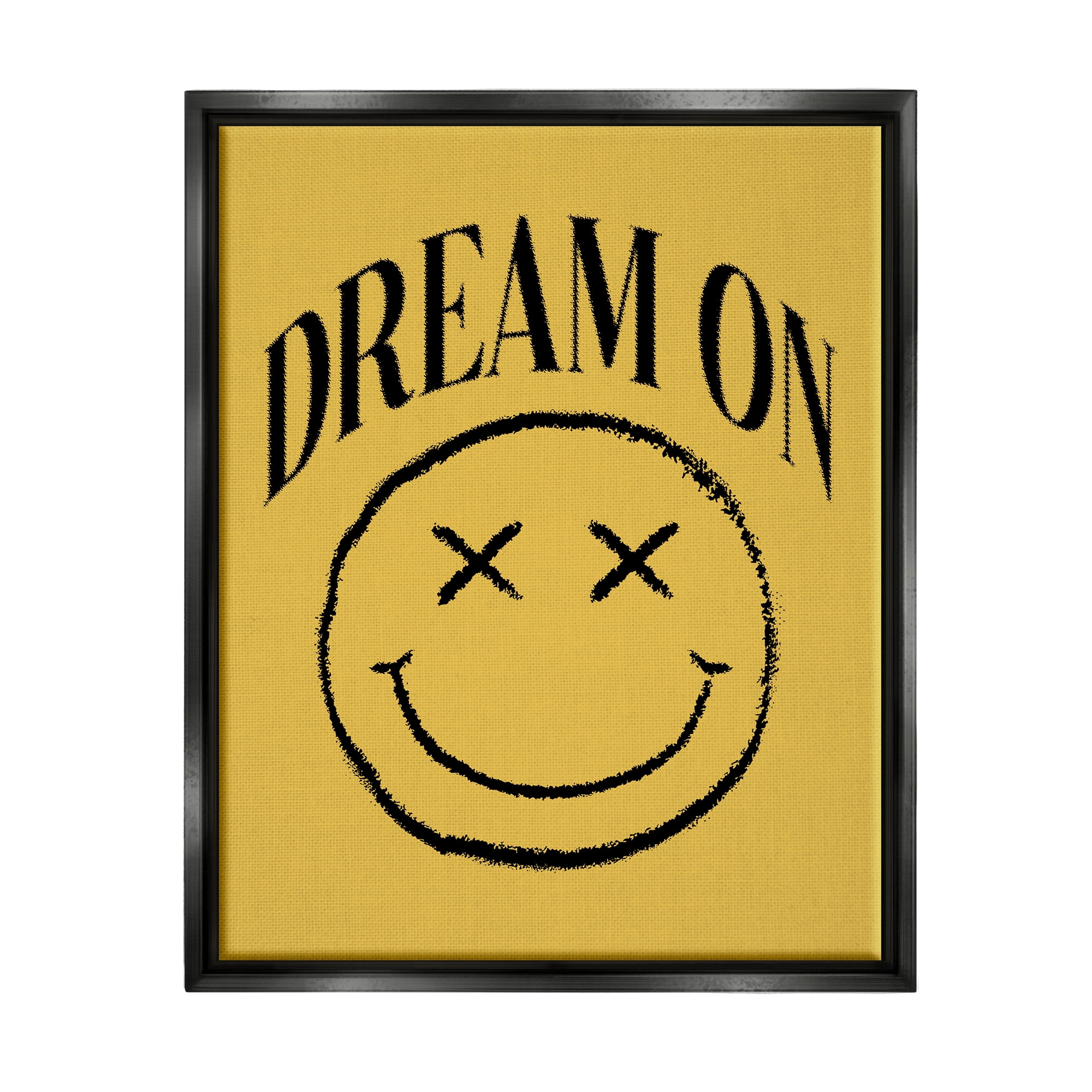 Stupell Industries Dream On Yellow Smiley Abstract Painting Black Floater Framed Canvas Art Print Wall Art, 25 x 31
