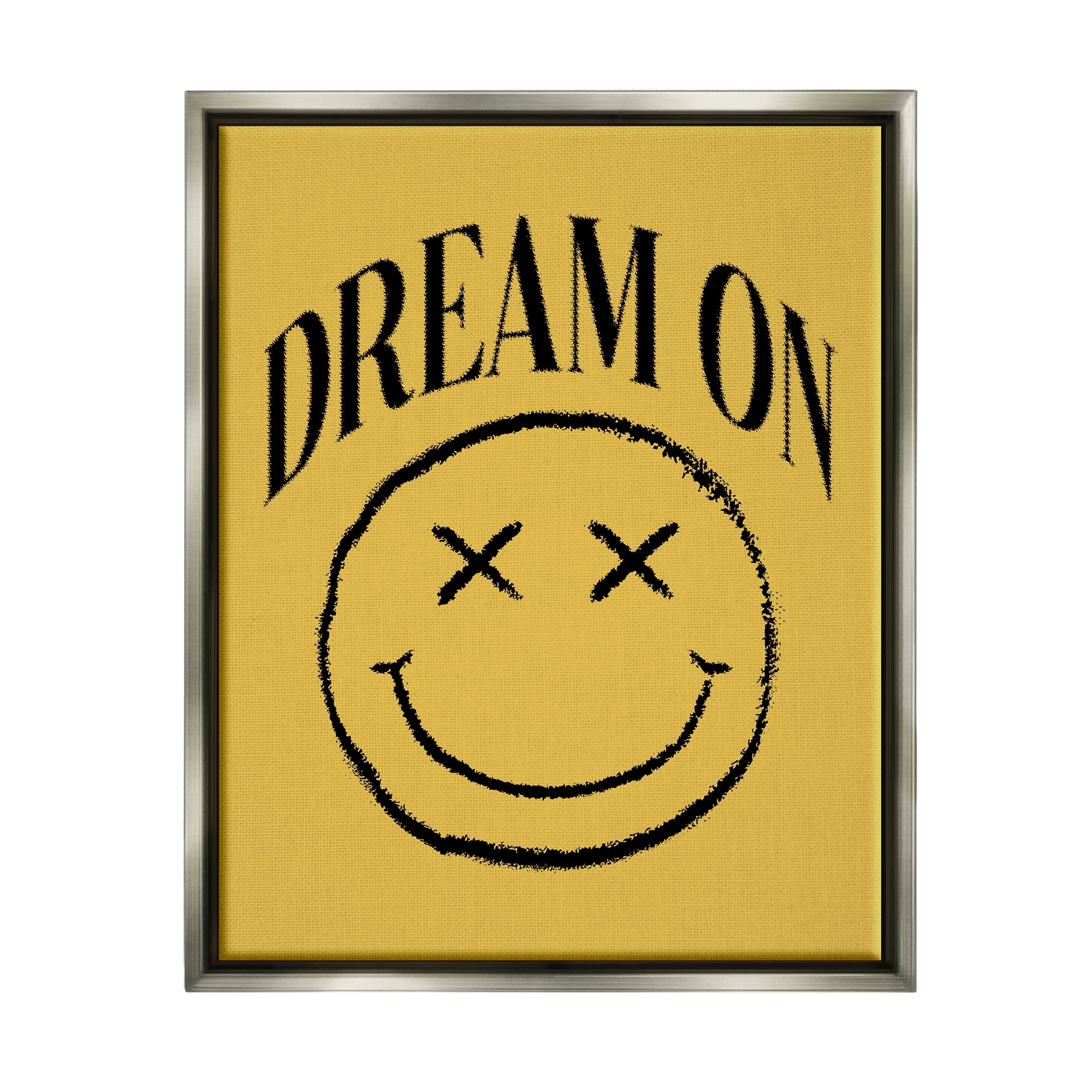 Stupell Industries Dream On Yellow Smiley Abstract Painting Gray Floater Framed Canvas Art Print Wall Art, 25 x 31