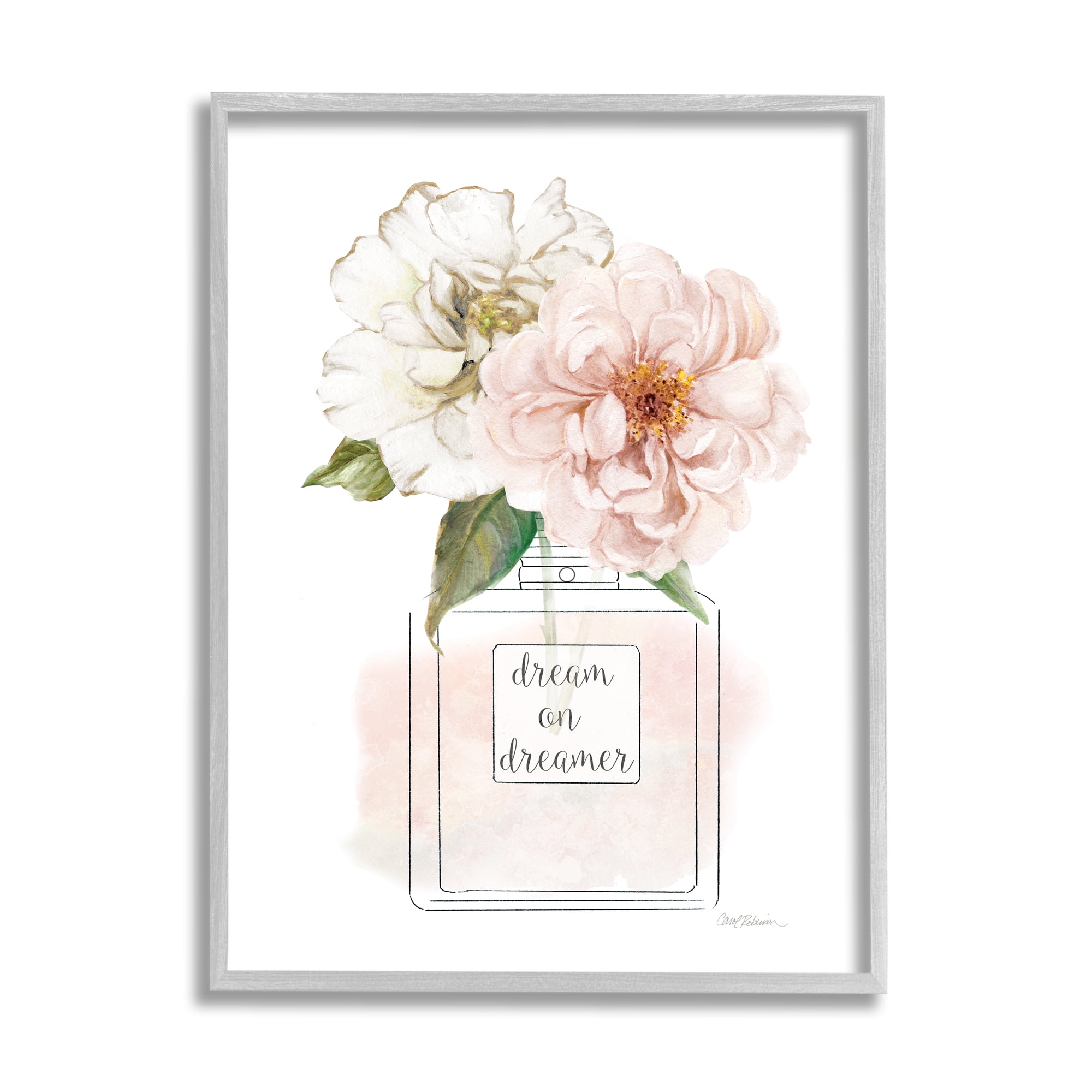 Stupell Industries Dream on Dreamer Phrase Pink Florals Perfume Bottle Inspirational Painting Gray Framed Art Print Wall Art, 11 x 14