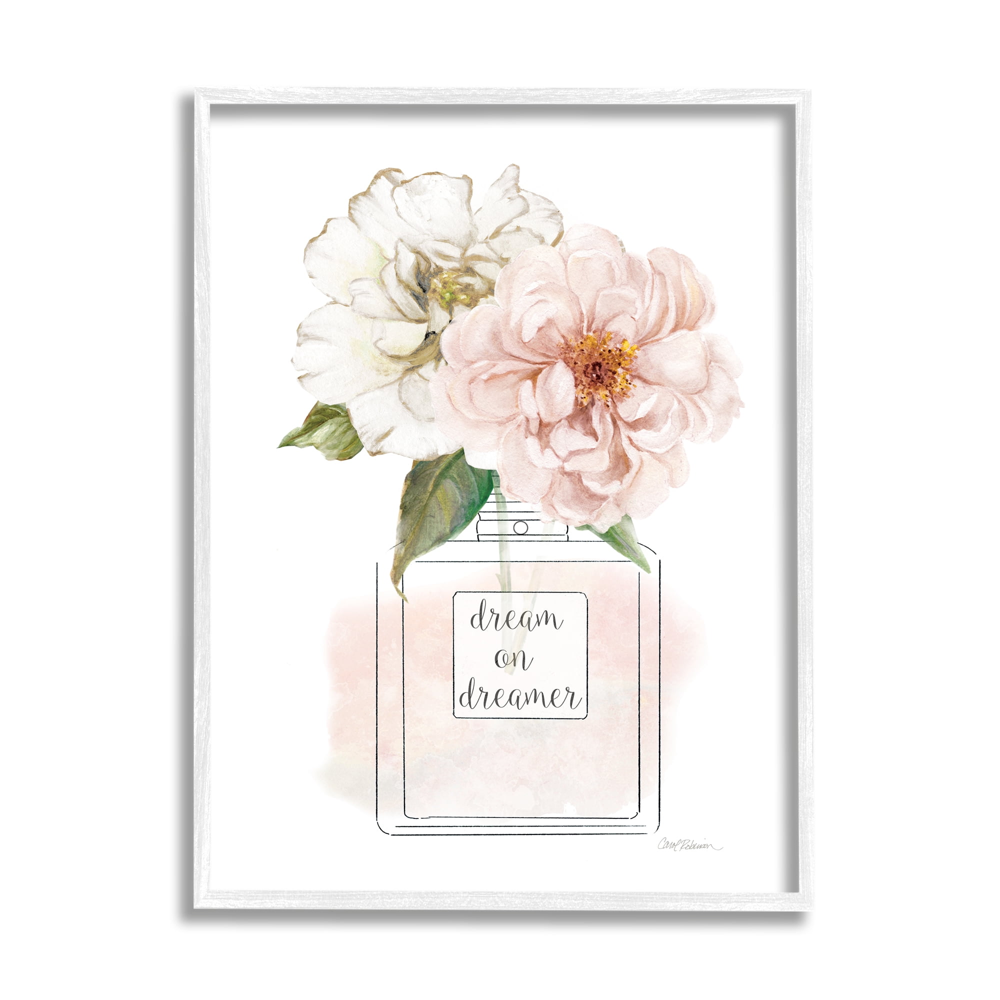 Stupell Industries Dream on Dreamer Phrase Pink Florals Perfume Bottle Inspirational Painting White Framed Art Print Wall Art, 11 x 14