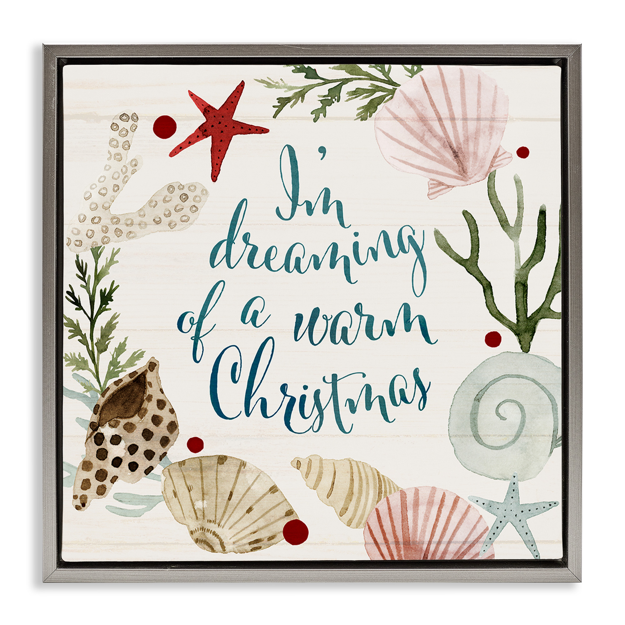 Stupell Industries Dreaming of Warm Christmas Phrase Holiday Painting Gray Floater Framed Canvas Art Print Wall Art, 18 x 18