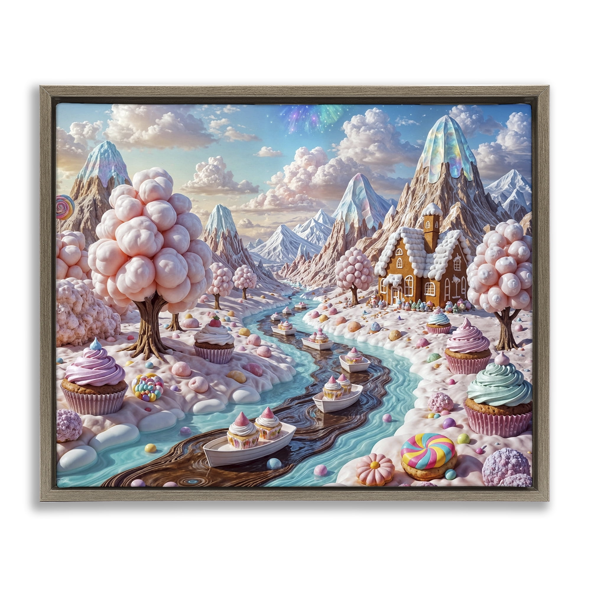 Stupell Industries Dreamlike Candy Land Whimsy Brown Framed Floater Canvas Wall Art, design by Tabz Jones