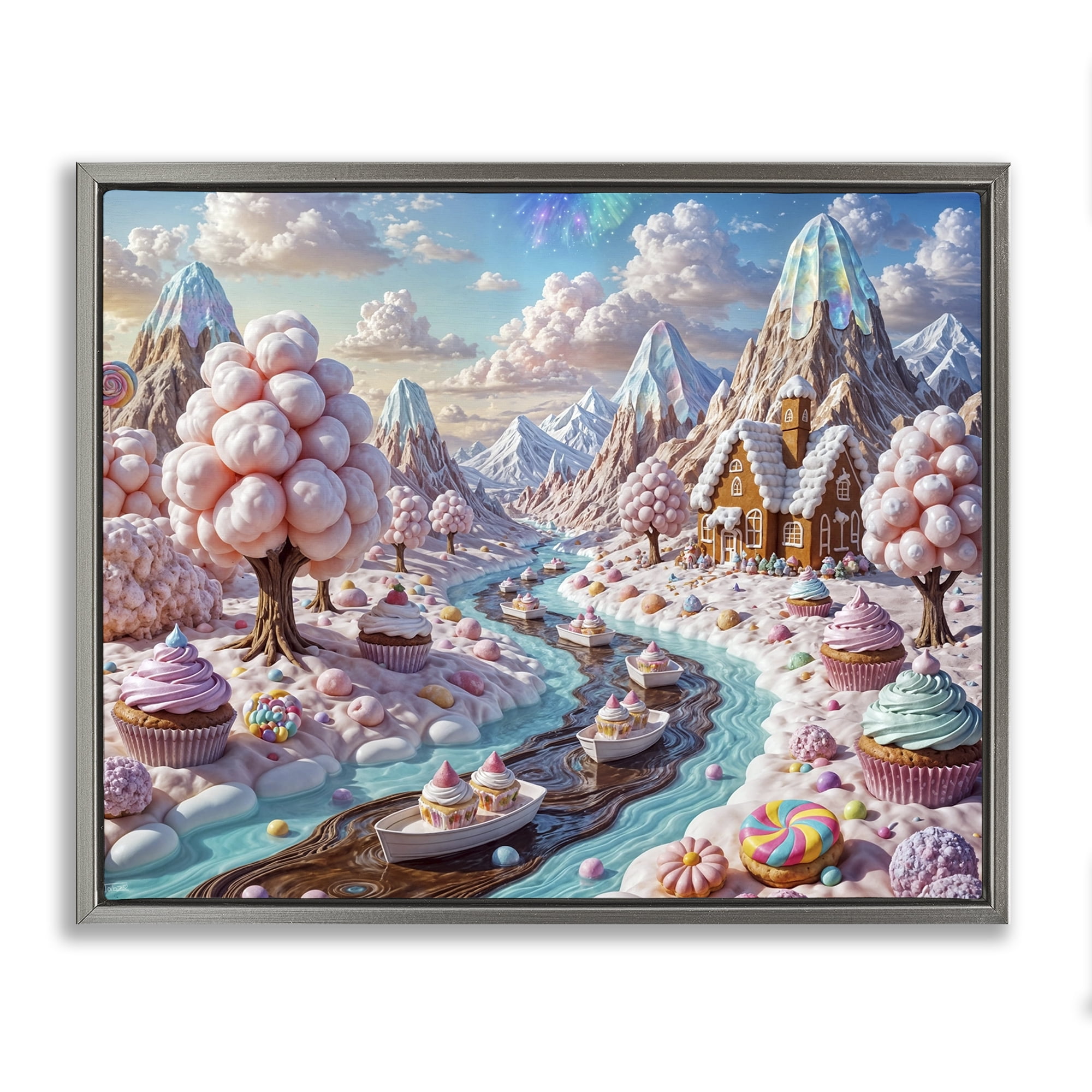 Stupell Industries Dreamlike Candy Land Whimsy Gray Framed Floater Canvas Wall Art, design by Tabz Jones