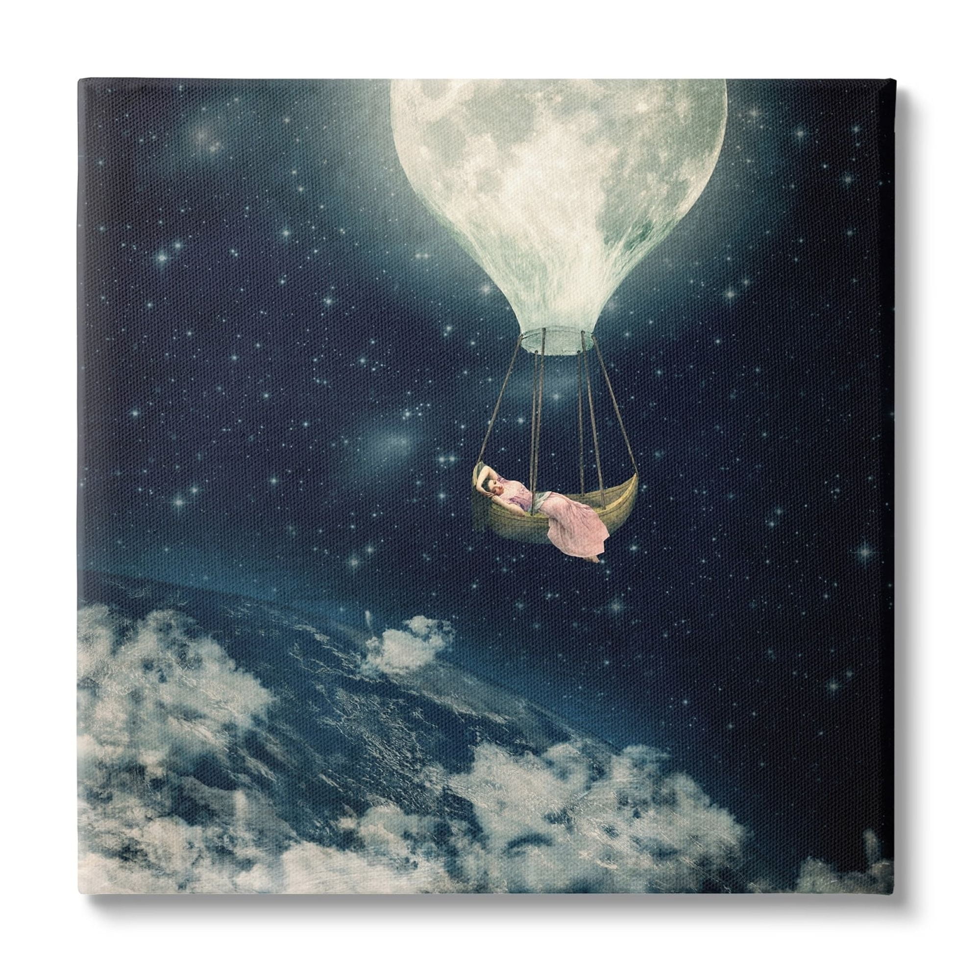 Dreamlike Moon Balloon Galactic Outer Space Clouds Novelty Painting Gallery-Wrapped Canvas Print Wall Art
