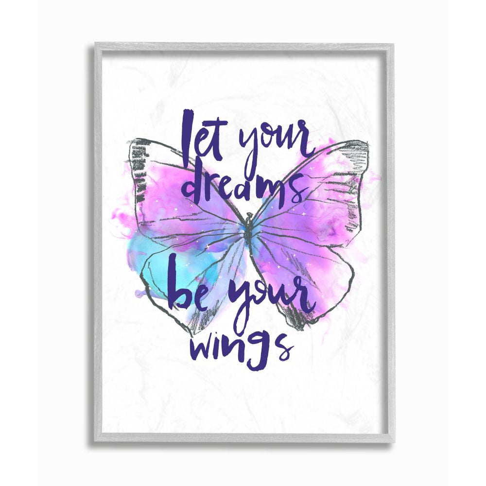 Stupell Industries Dreams Quote Purple Blue Butterfly Inspirational Sketch Framed Wall Art Design by Jennifer Paxton Parker, 16" x 20", Gray Framed
