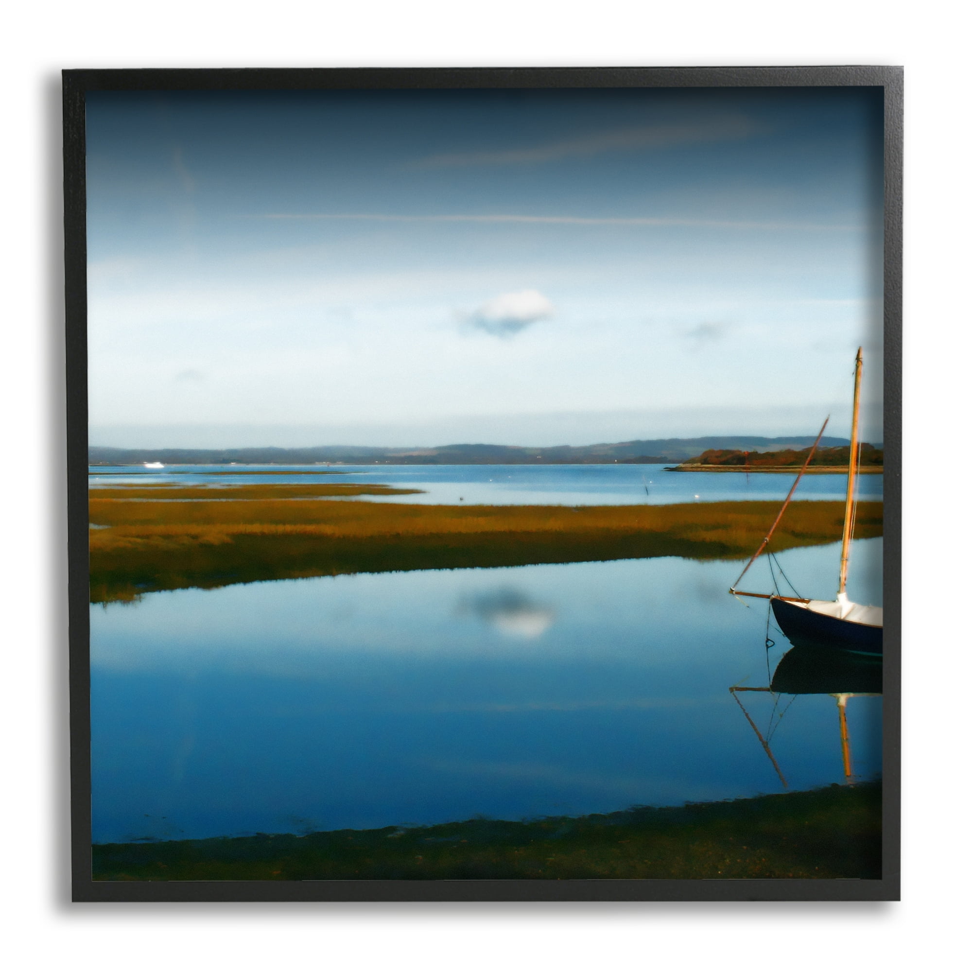 Stupell Industries Dreamy Boat Floating Cloud Reflection Grassy Shore Photograph Black Framed Art Print Wall Art, Design by Noah Bay