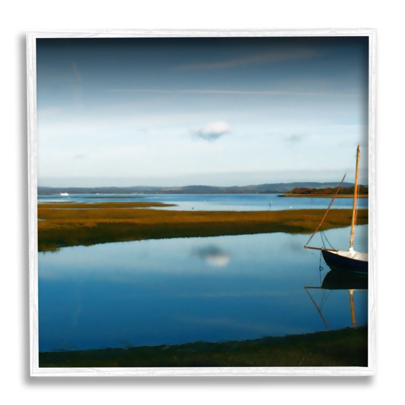 Stupell Industries Dreamy Boat Floating Cloud Reflection Grassy Shore Photograph White Framed Art Print Wall Art, Design by Noah Bay