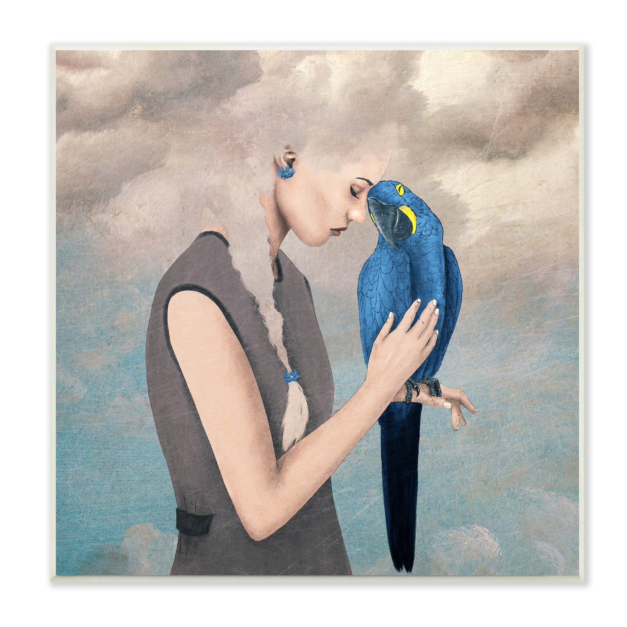 Stupell Industries Dreamy Cloud Hair Woman Vibrant Blue Parrot Wood Wall Art, 12 x 12, Design by Paula Belle Flores