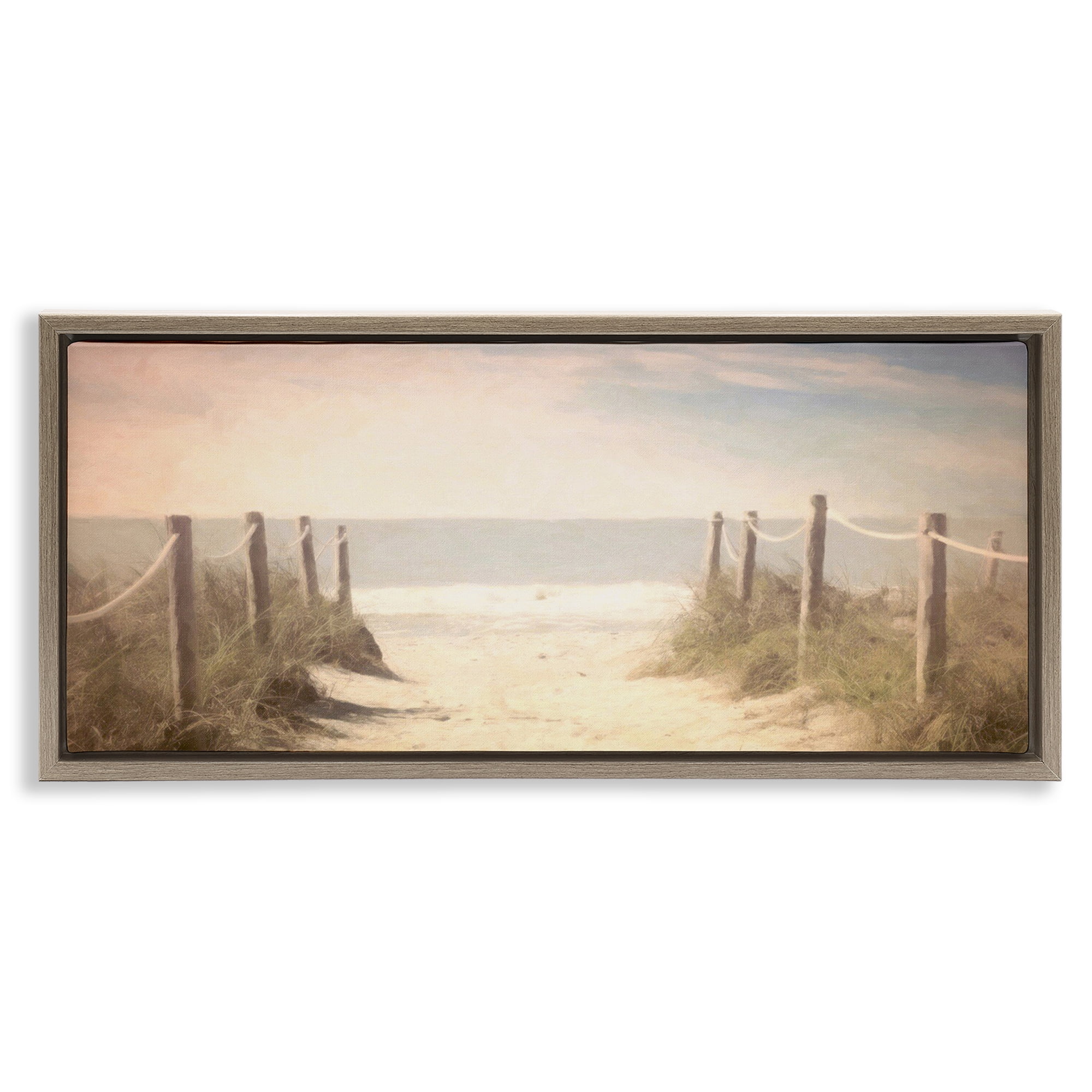 Stupell Industries Dreamy Coastal Walkway Landscape & Nature Painting Brown Floater Framed Canvas Art Print Wall Art, 25 x 11