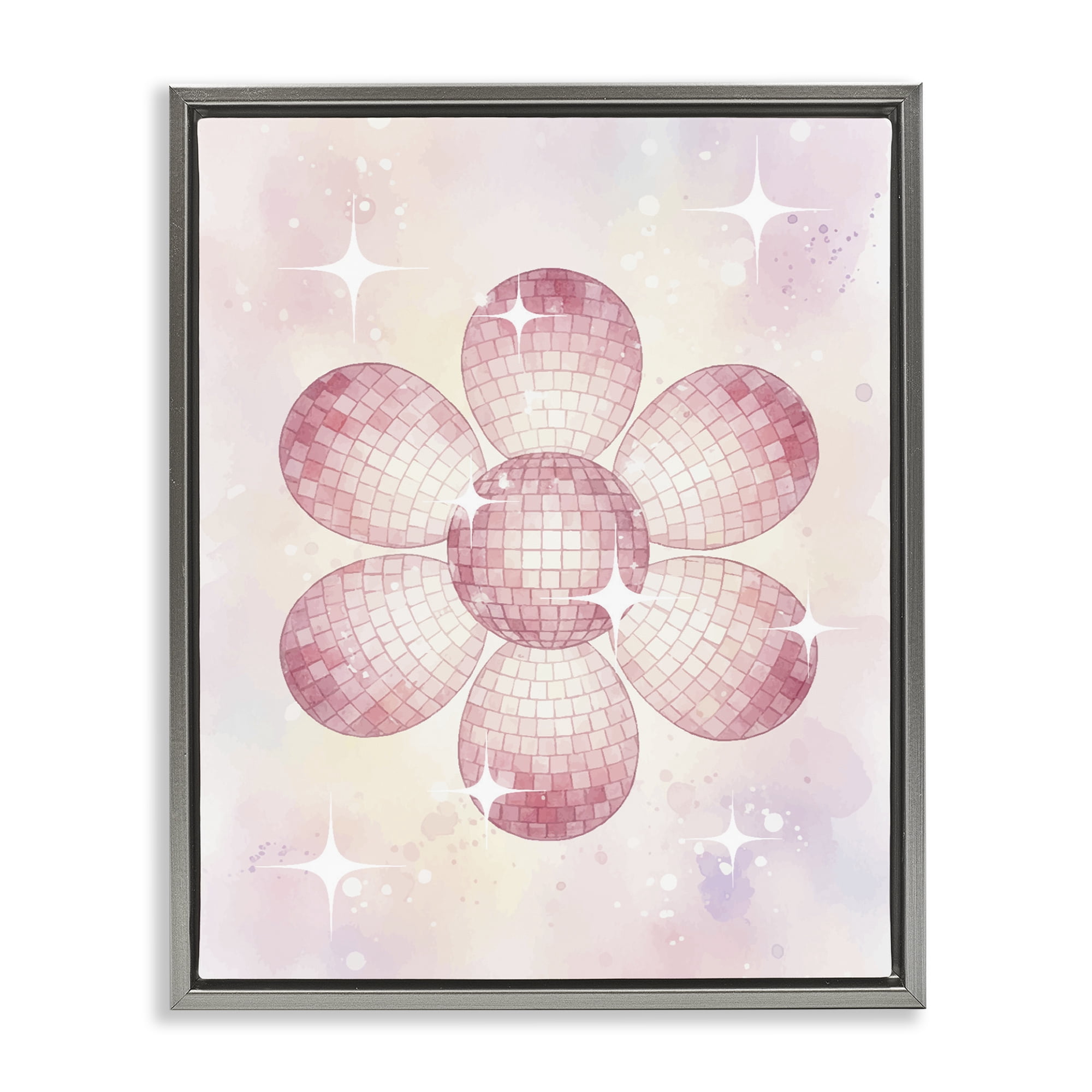 Stupell Industries Dreamy Pink Disco Ball Flower Gray Framed Floater Canvas Wall Art, design by Lil' Rue