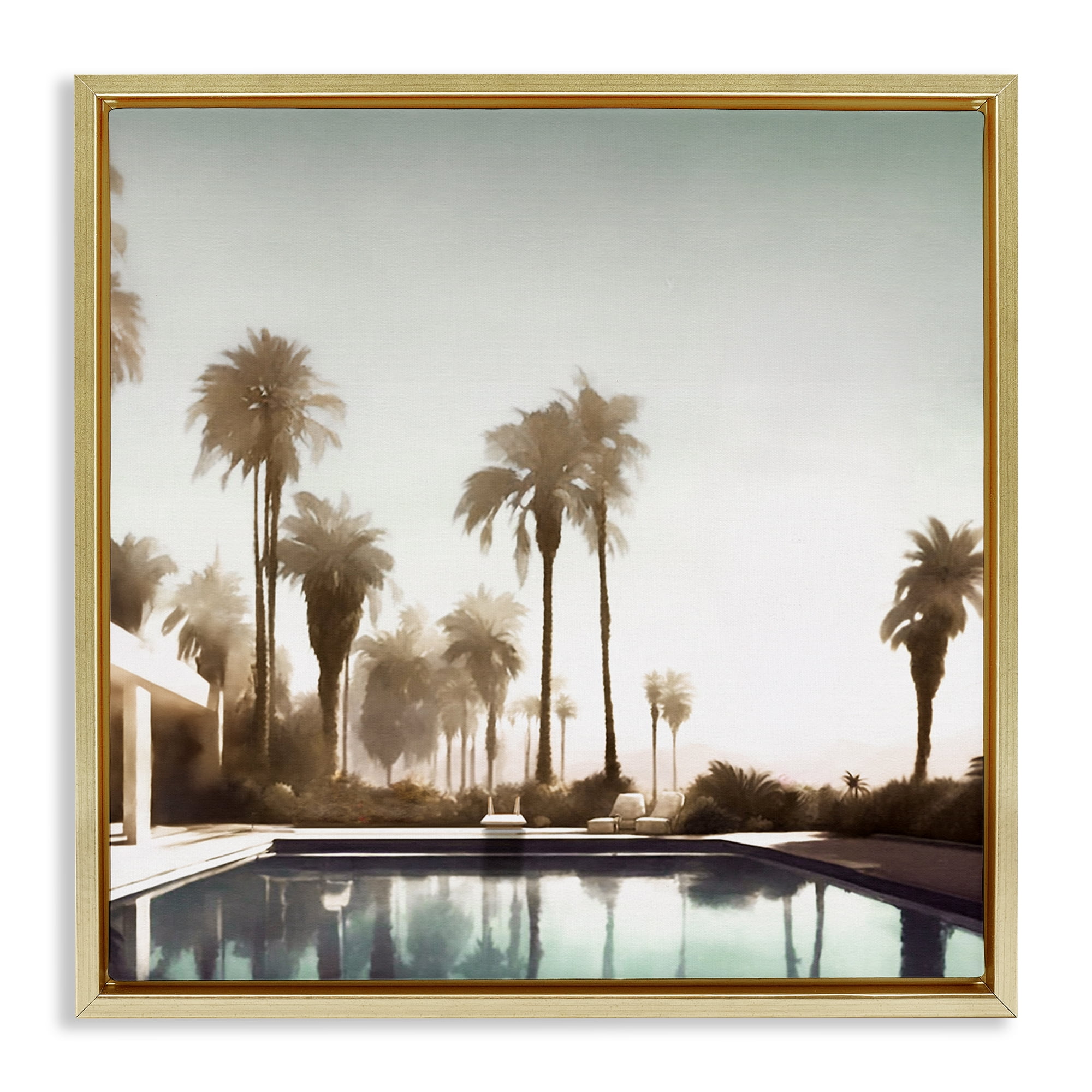 Stupell Industries Dreamy Pool & Palm Trees Abstract Painting Gold Floater Framed Canvas Art Print Wall Art, 25 x 25
