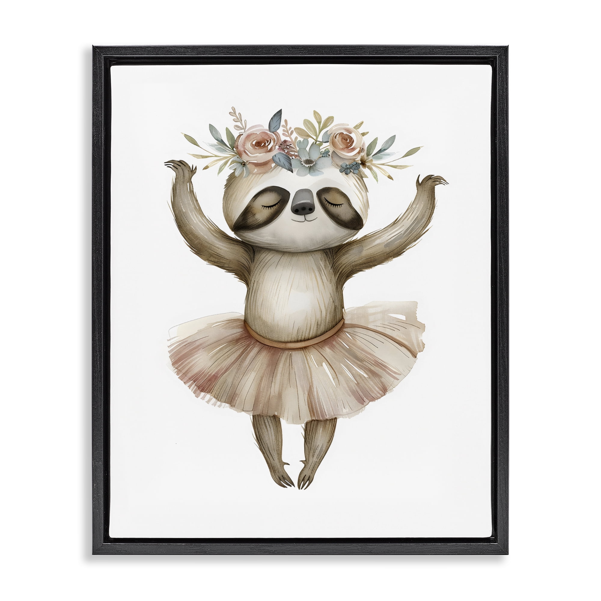 Stupell Industries Dreamy Sloth Ballet with Flowers Black Framed Floater Canvas Wall Art, design by LSR Design Studio
