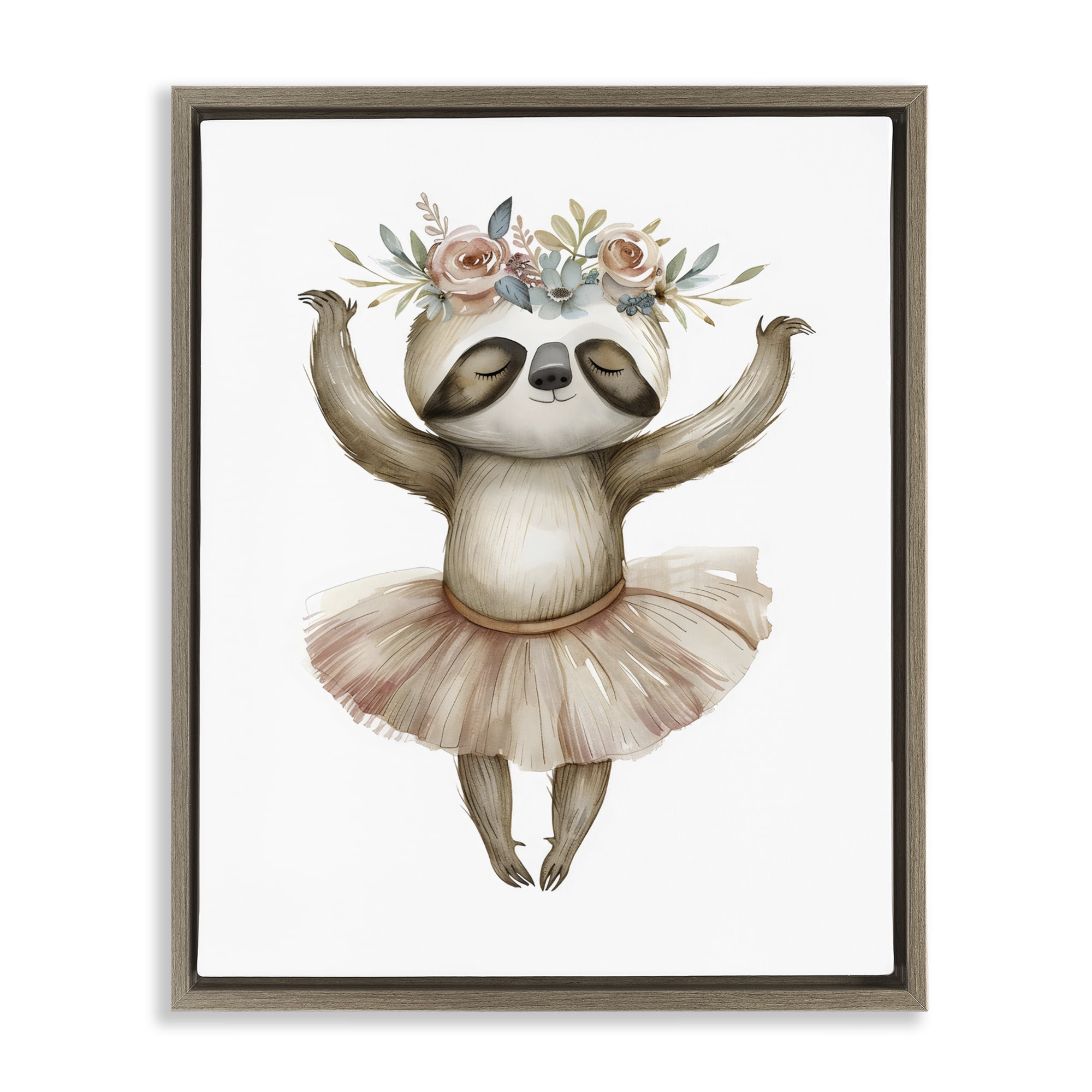 Stupell Industries Dreamy Sloth Ballet with Flowers Brown Framed Floater Canvas Wall Art, design by LSR Design Studio