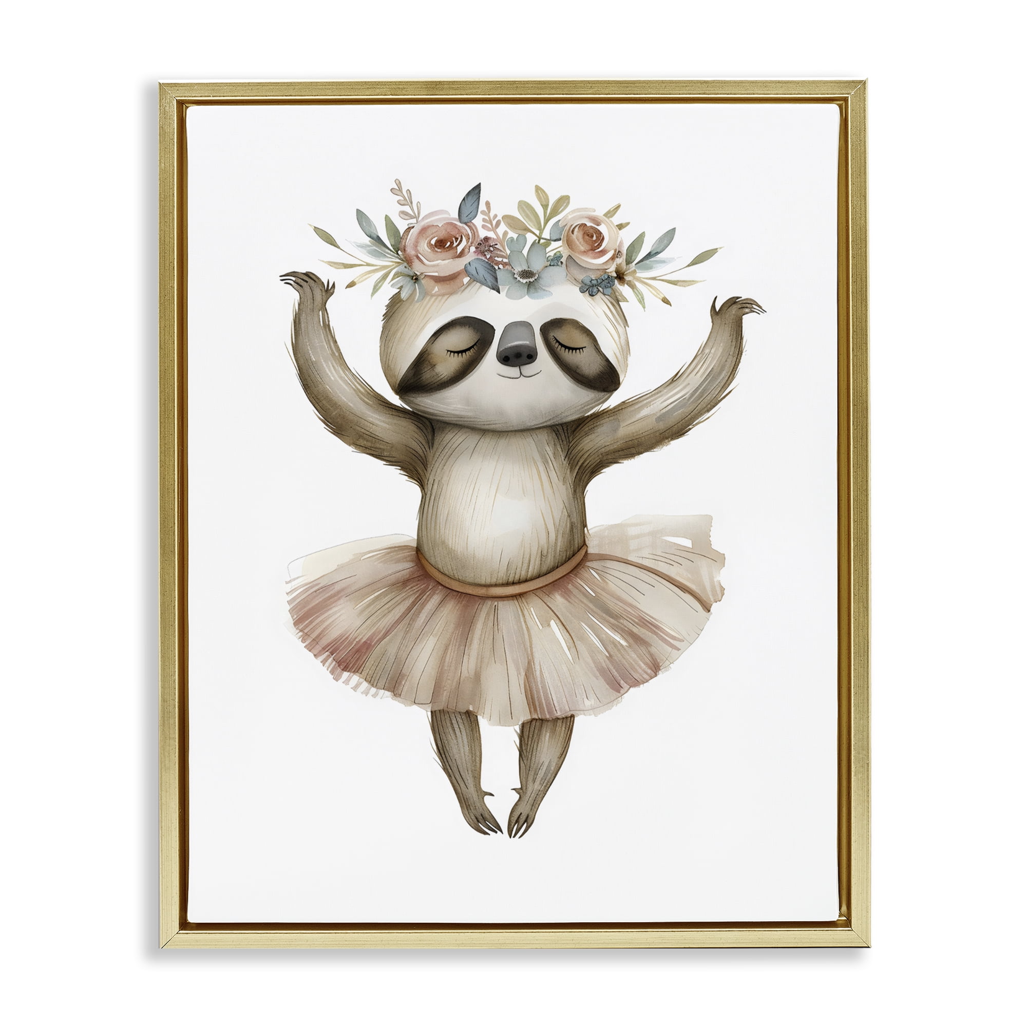 Stupell Industries Dreamy Sloth Ballet with Flowers Gold Framed Floater Canvas Wall Art, design by LSR Design Studio