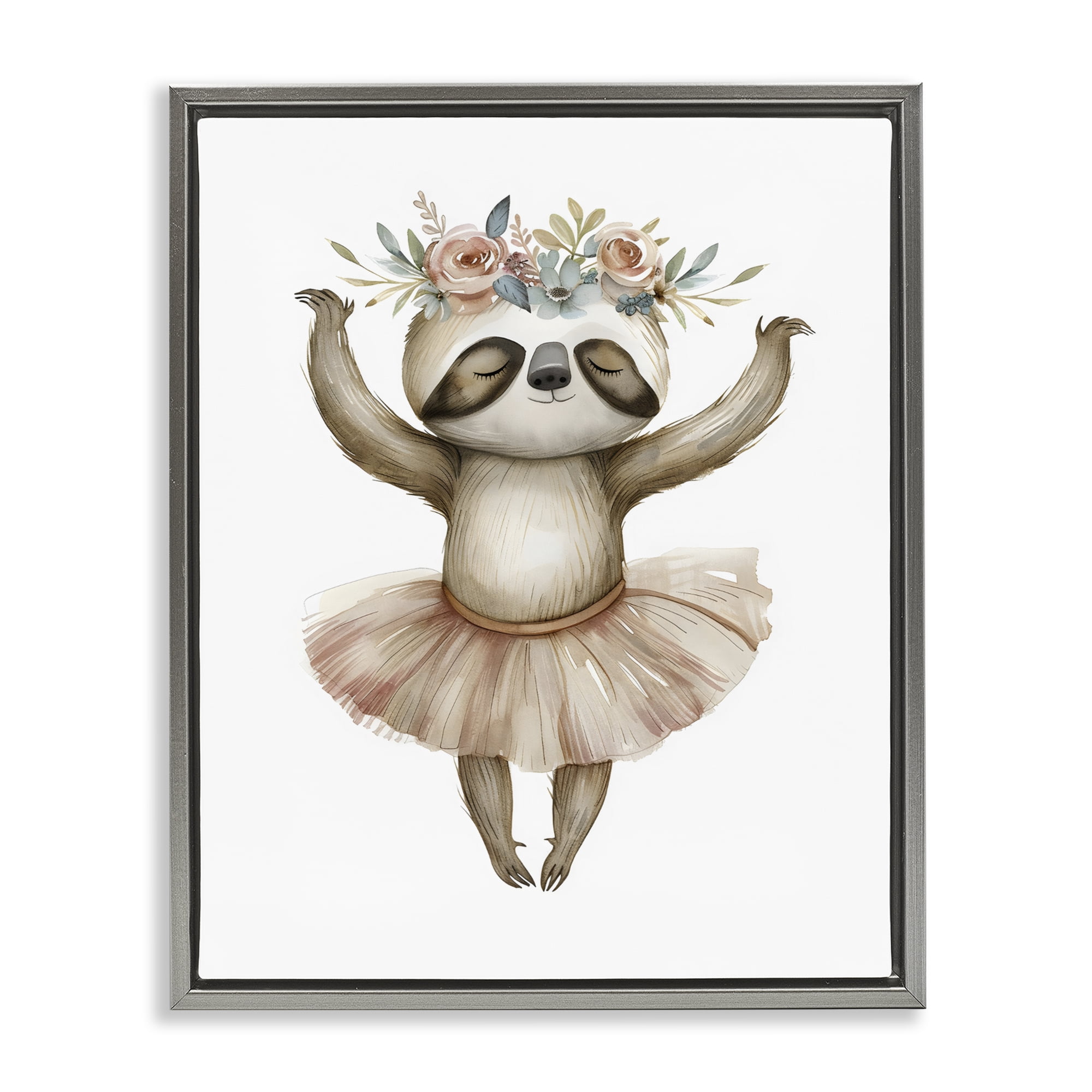 Stupell Industries Dreamy Sloth Ballet with Flowers Gray Framed Floater Canvas Wall Art, design by LSR Design Studio