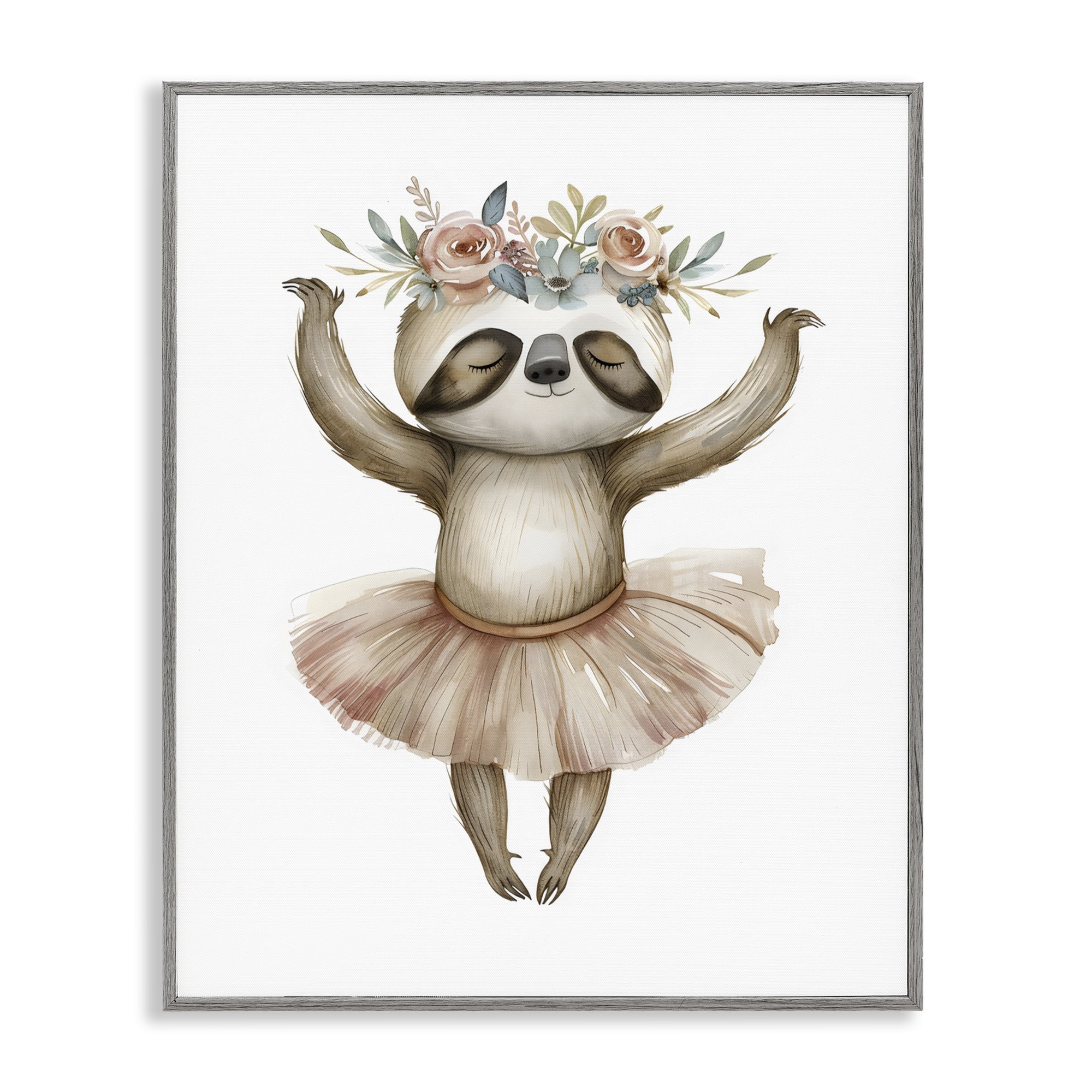 Stupell Industries Dreamy Sloth Ballet with Flowers Gray Framed Giclee Art, design by LSR Design Studio